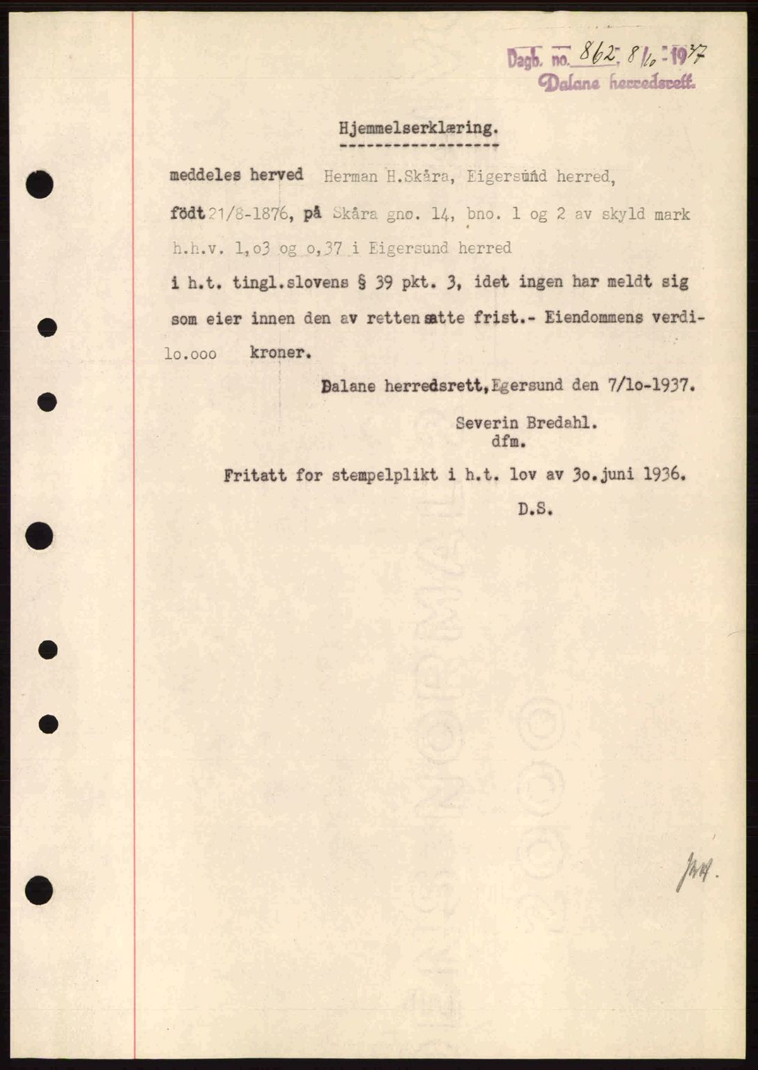 Dalane sorenskriveri, SAST/A-100309/02/G/Gb/L0041: Pantebok nr. A2, 1936-1937, Dagboknr: 862/1937