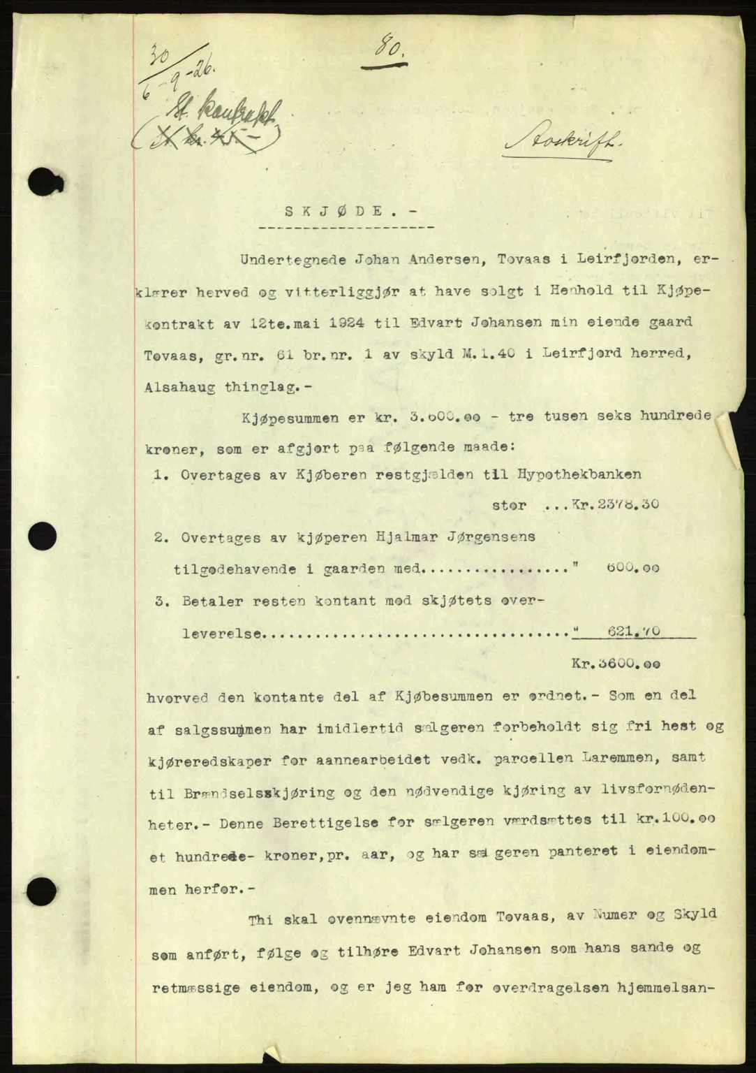 Alstahaug sorenskriveri, SAT/A-1009: Pantebok nr. A1, 1926-1941, Dagboknr: 1/1926
