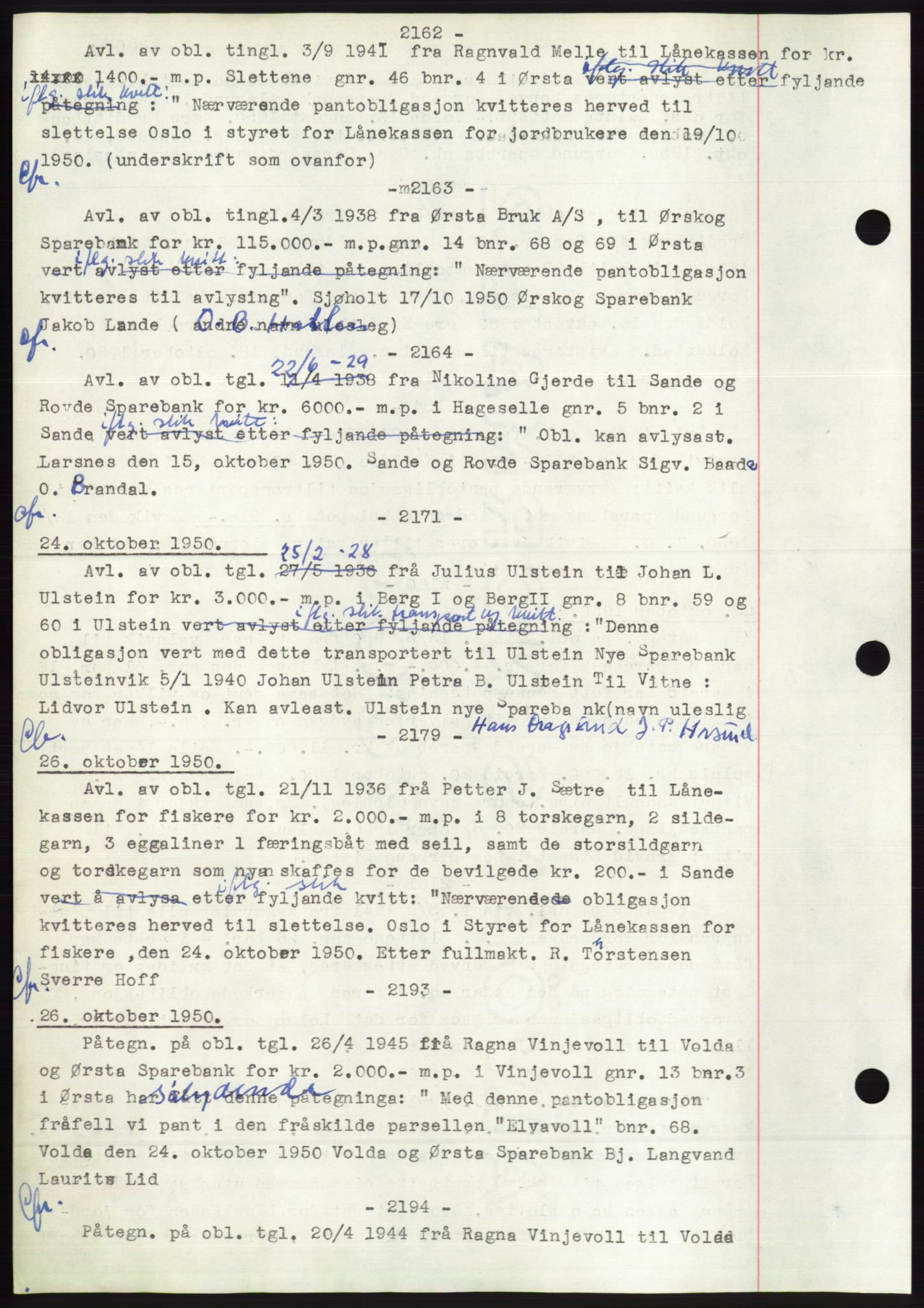 Søre Sunnmøre sorenskriveri, AV/SAT-A-4122/1/2/2C/L0072: Pantebok nr. 66, 1941-1955, Dagboknr: 2162/1950