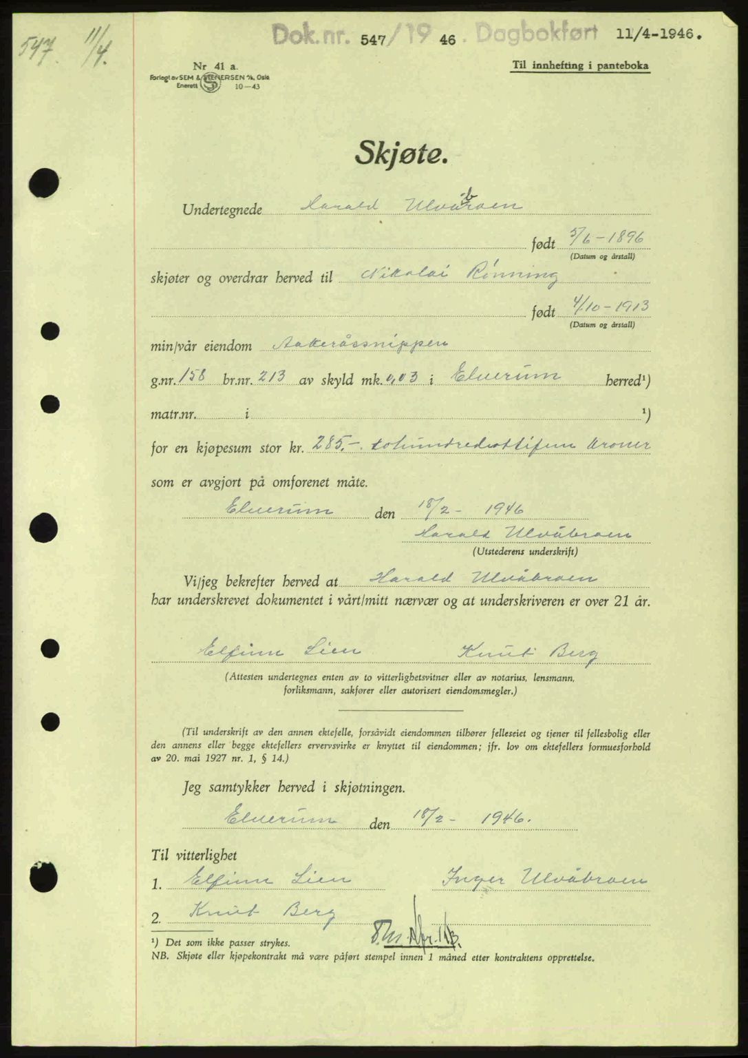 Sør-Østerdal sorenskriveri, AV/SAH-TING-018/H/Hb/Hbb/L0073: Pantebok nr. A73, 1945-1946, Dagboknr: 547/1946