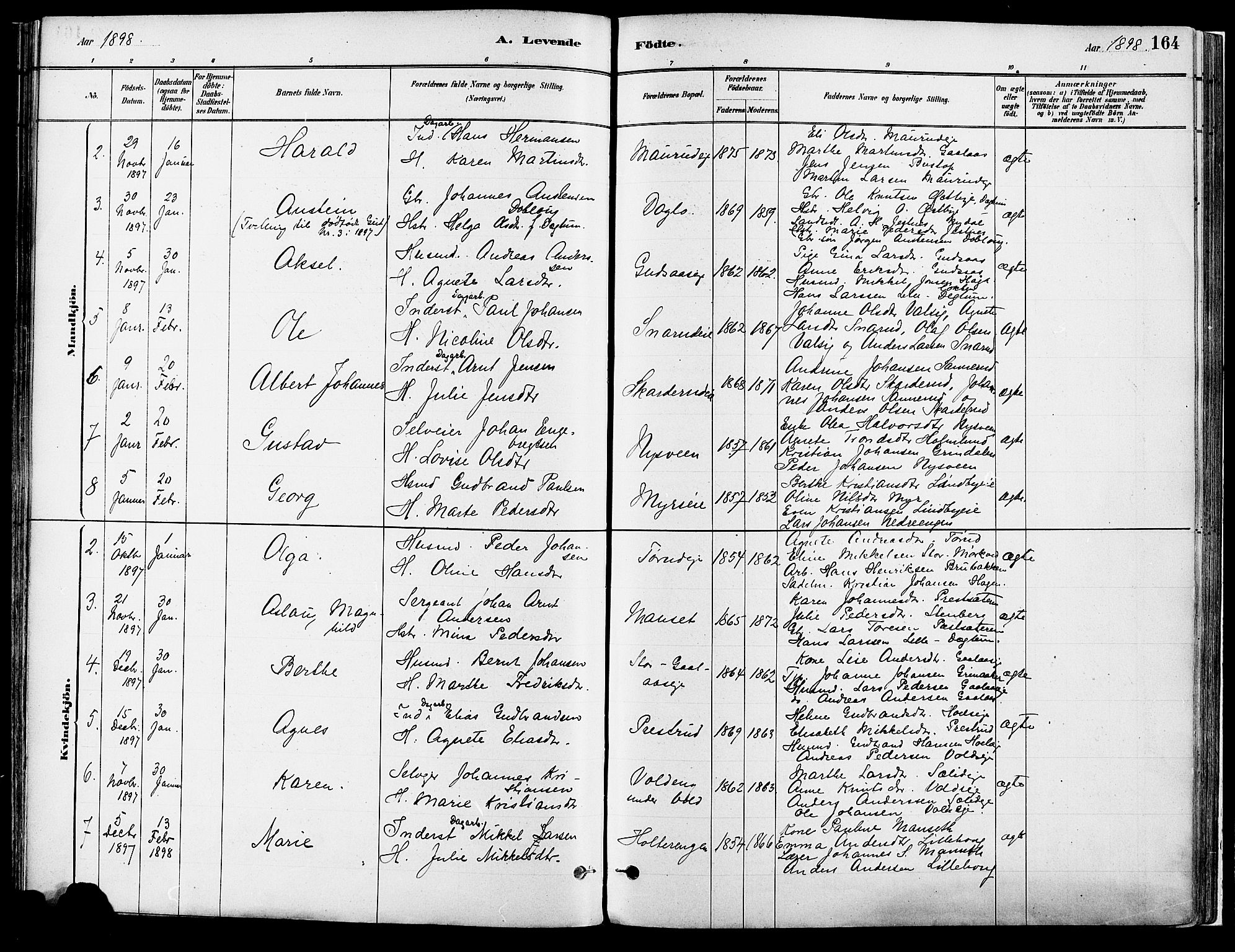 Vang prestekontor, Hedmark, AV/SAH-PREST-008/H/Ha/Haa/L0018A: Ministerialbok nr. 18A, 1880-1906, s. 164