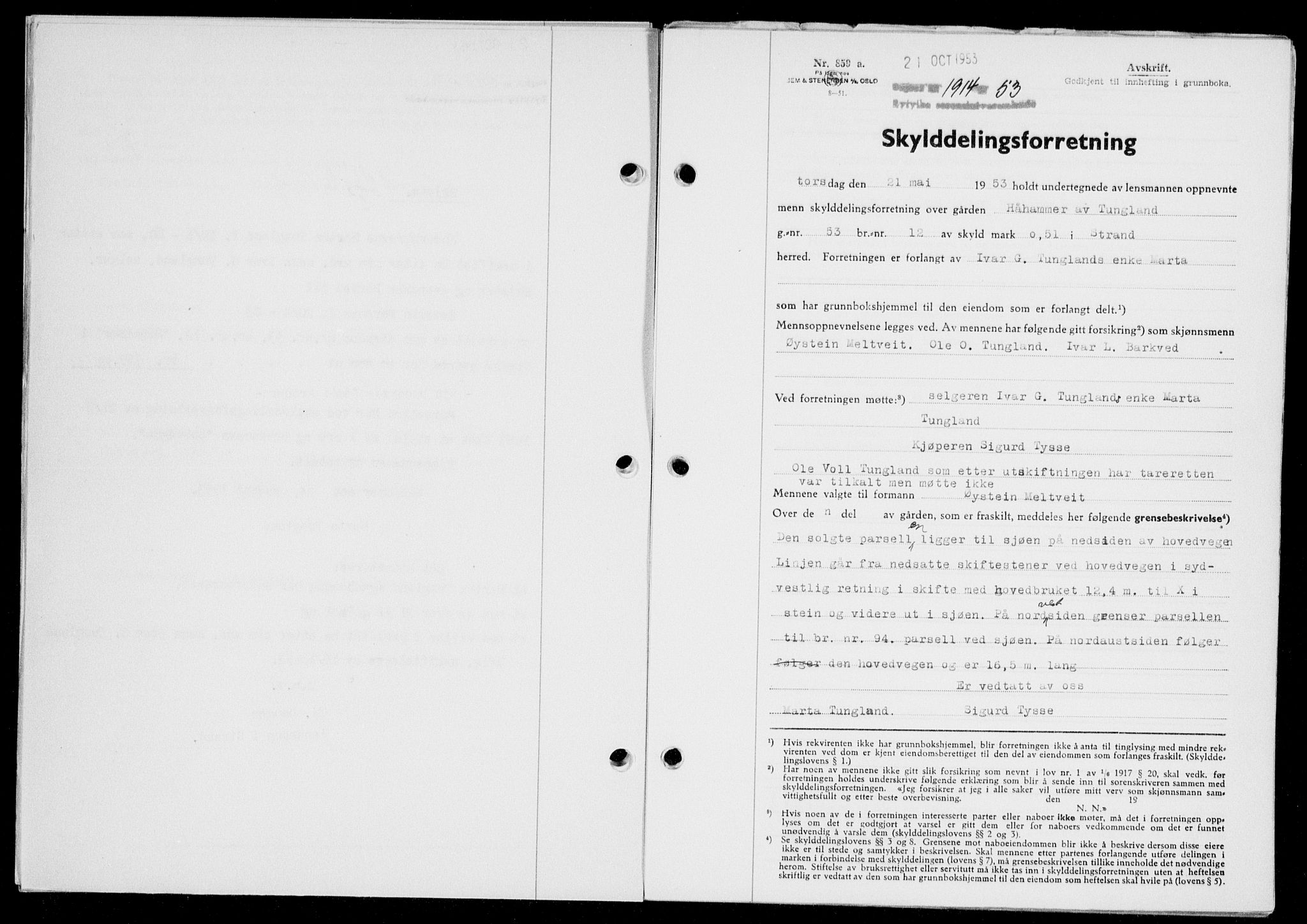 Ryfylke tingrett, SAST/A-100055/001/II/IIB/L0123: Pantebok nr. 102, 1953-1954, Dagboknr: 1914/1953