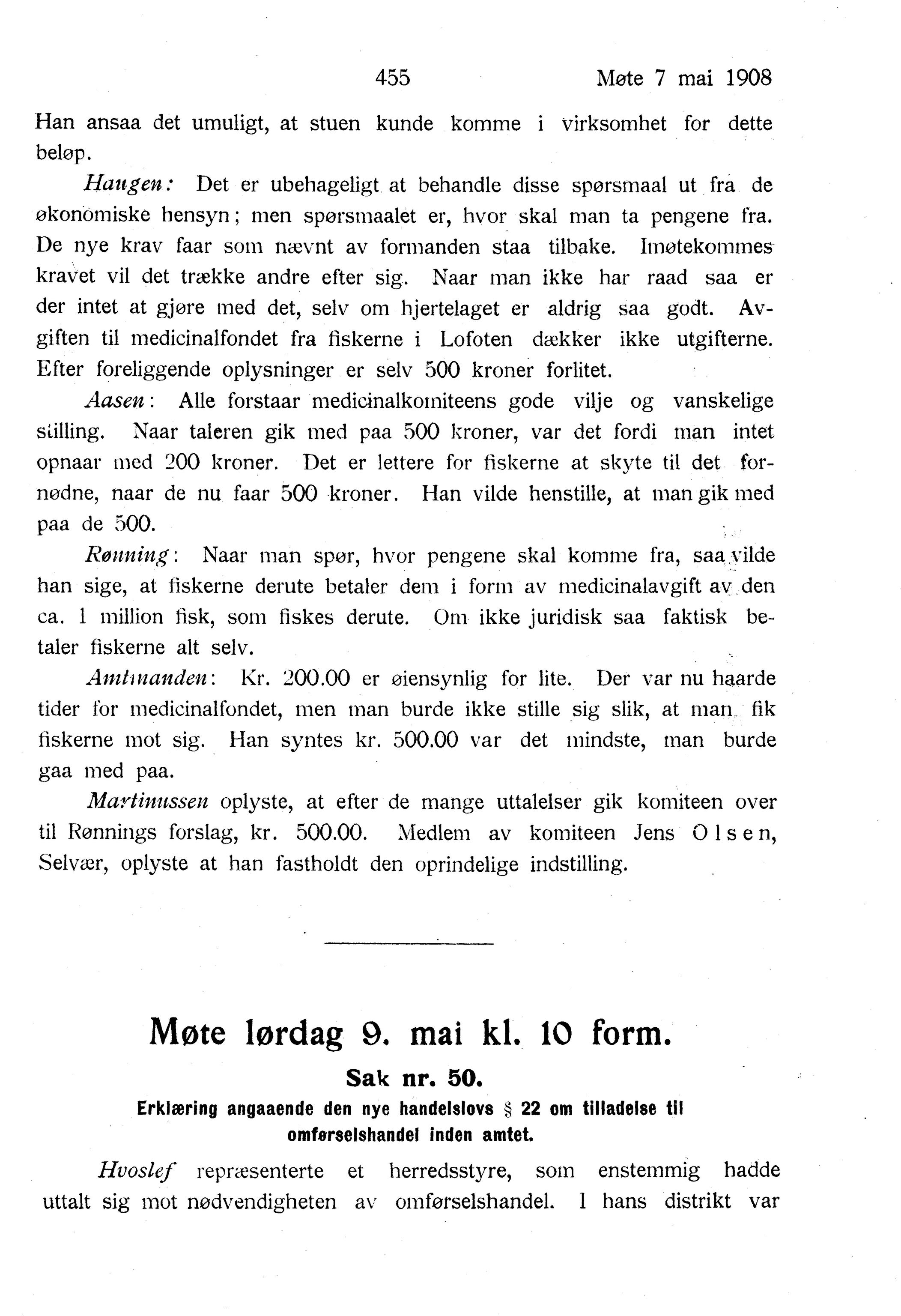 Nordland Fylkeskommune. Fylkestinget, AIN/NFK-17/176/A/Ac/L0031: Fylkestingsforhandlinger 1908, 1908, s. 455