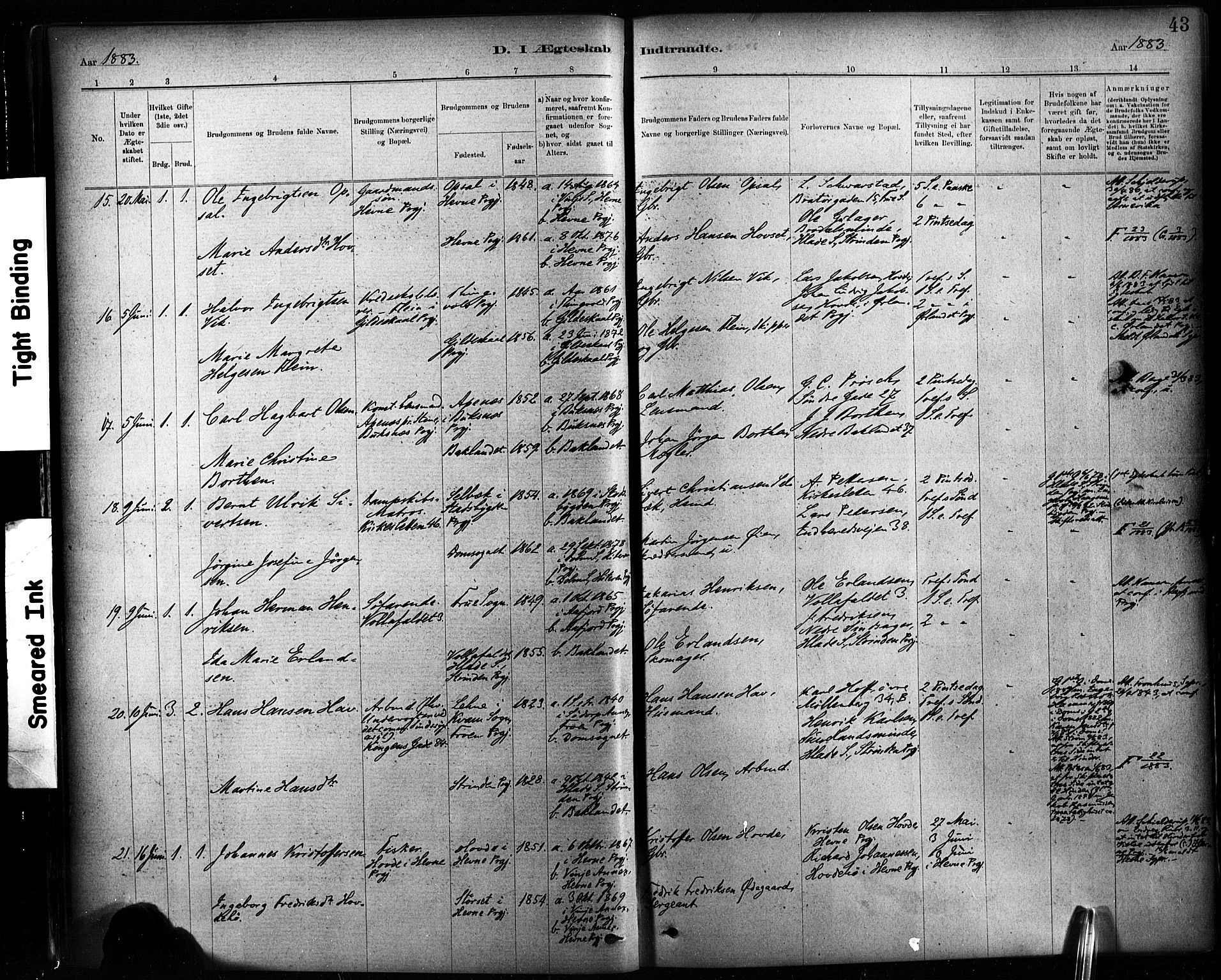 Ministerialprotokoller, klokkerbøker og fødselsregistre - Sør-Trøndelag, SAT/A-1456/604/L0189: Ministerialbok nr. 604A10, 1878-1892, s. 43
