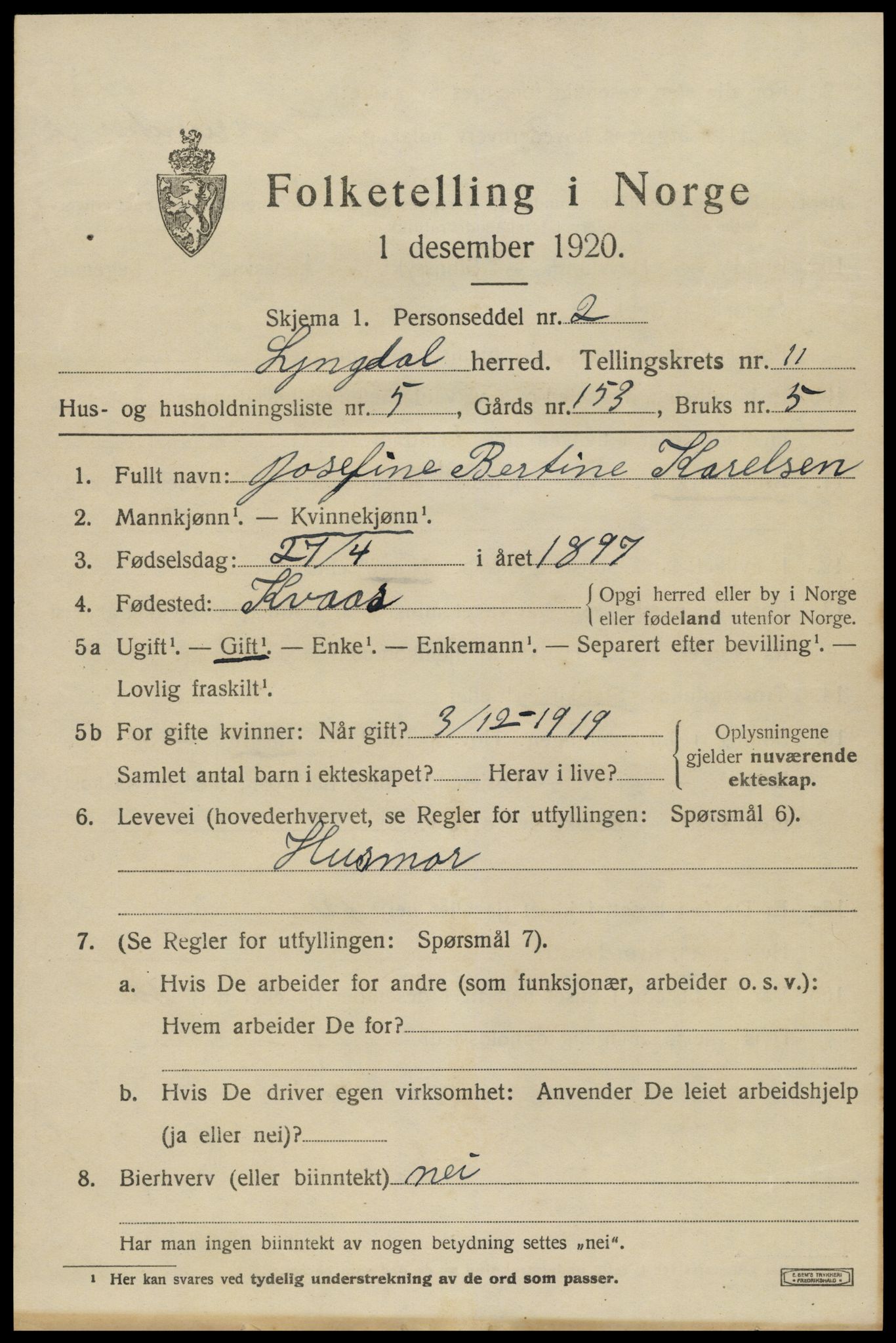 SAK, Folketelling 1920 for 1032 Lyngdal herred, 1920, s. 5333