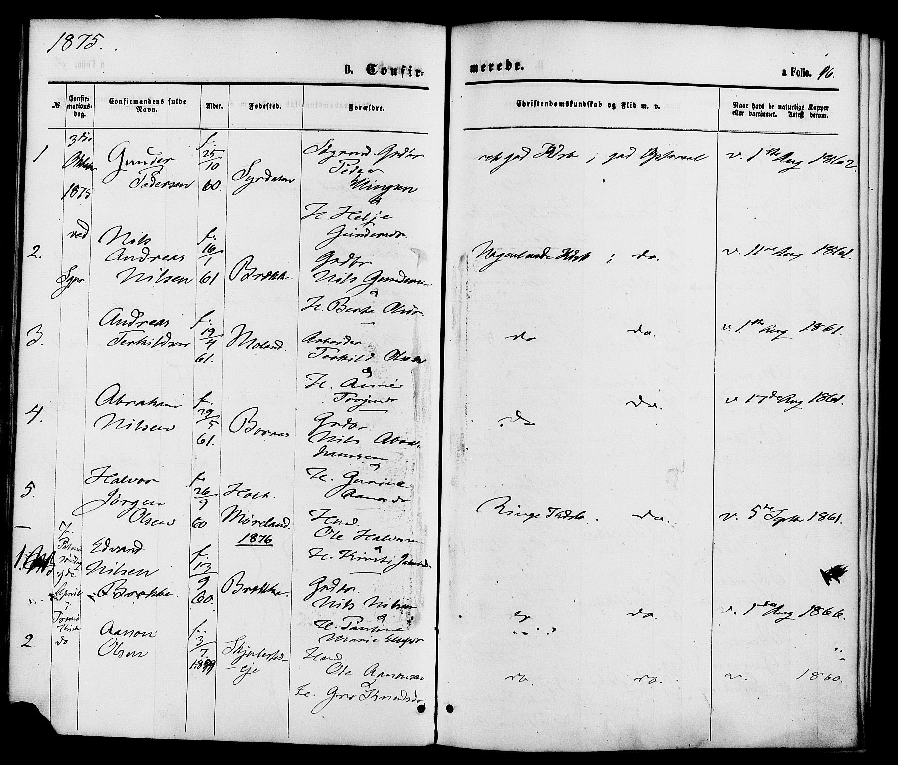 Austre Moland sokneprestkontor, AV/SAK-1111-0001/F/Fa/Faa/L0009: Ministerialbok nr. A 9, 1869-1879, s. 96