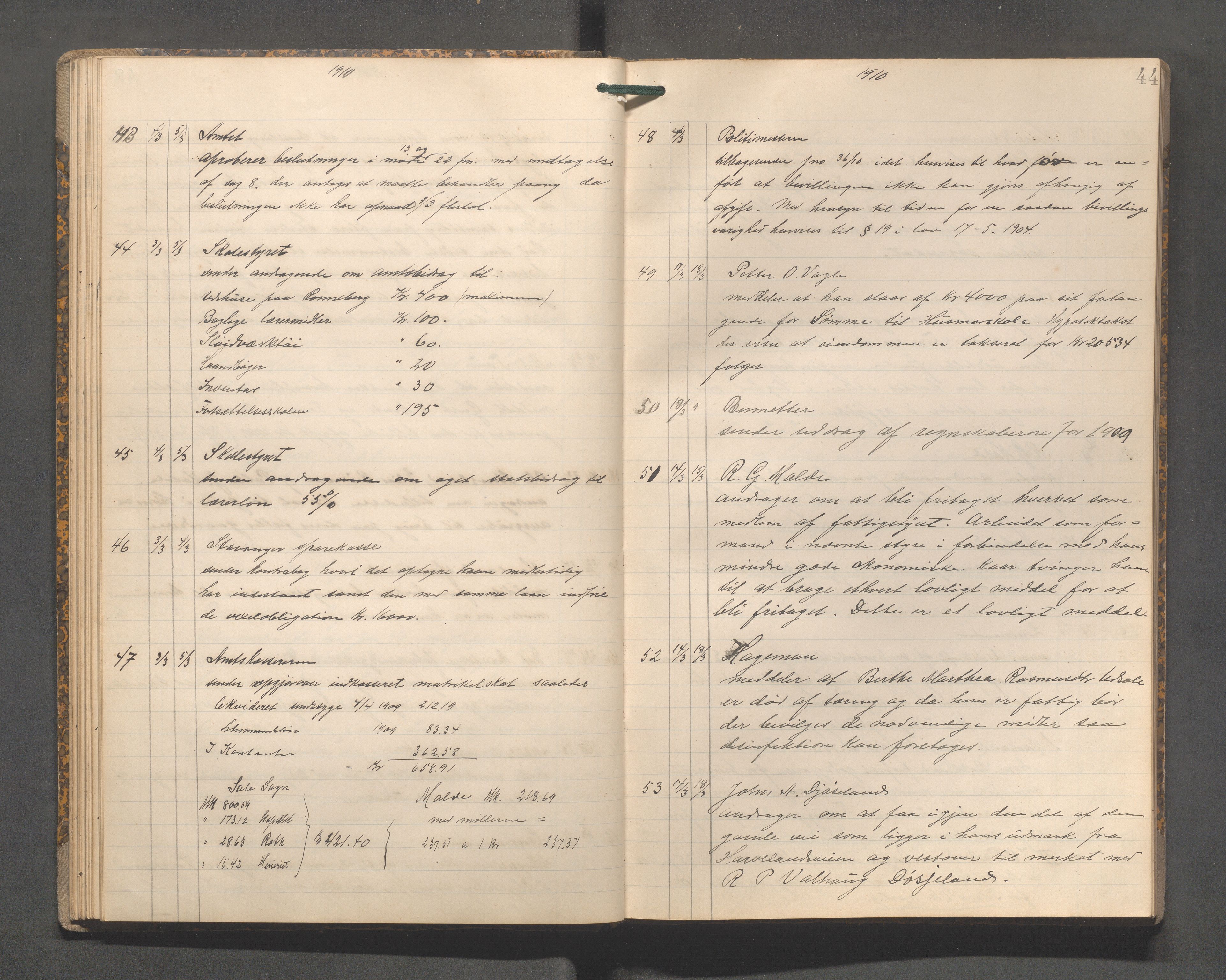 Håland kommune - Formannskapet, IKAR/K-101851/C/L0002: Journal, 1907-1914, s. 44