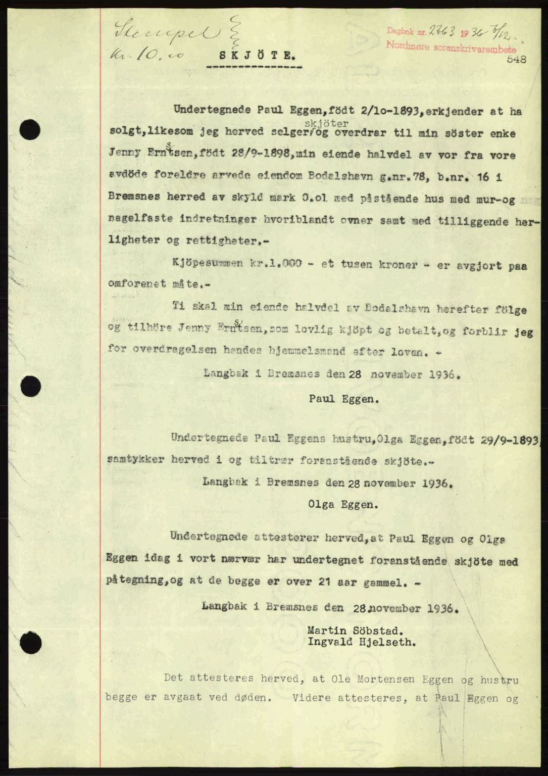 Nordmøre sorenskriveri, SAT/A-4132/1/2/2Ca: Pantebok nr. A80, 1936-1937, Dagboknr: 2763/1936