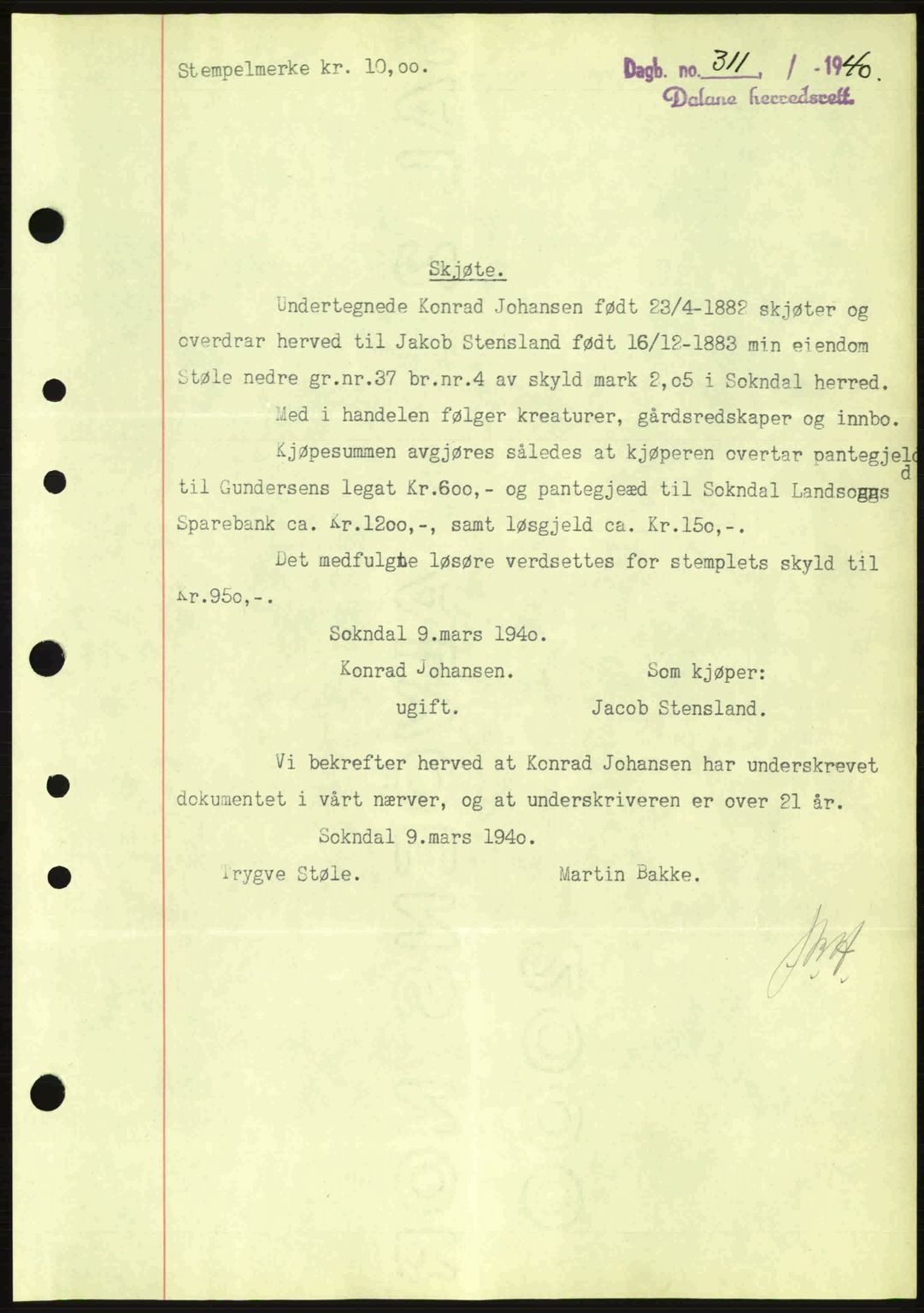 Dalane sorenskriveri, SAST/A-100309/02/G/Gb/L0044: Pantebok nr. A5, 1940-1941, Dagboknr: 311/1940