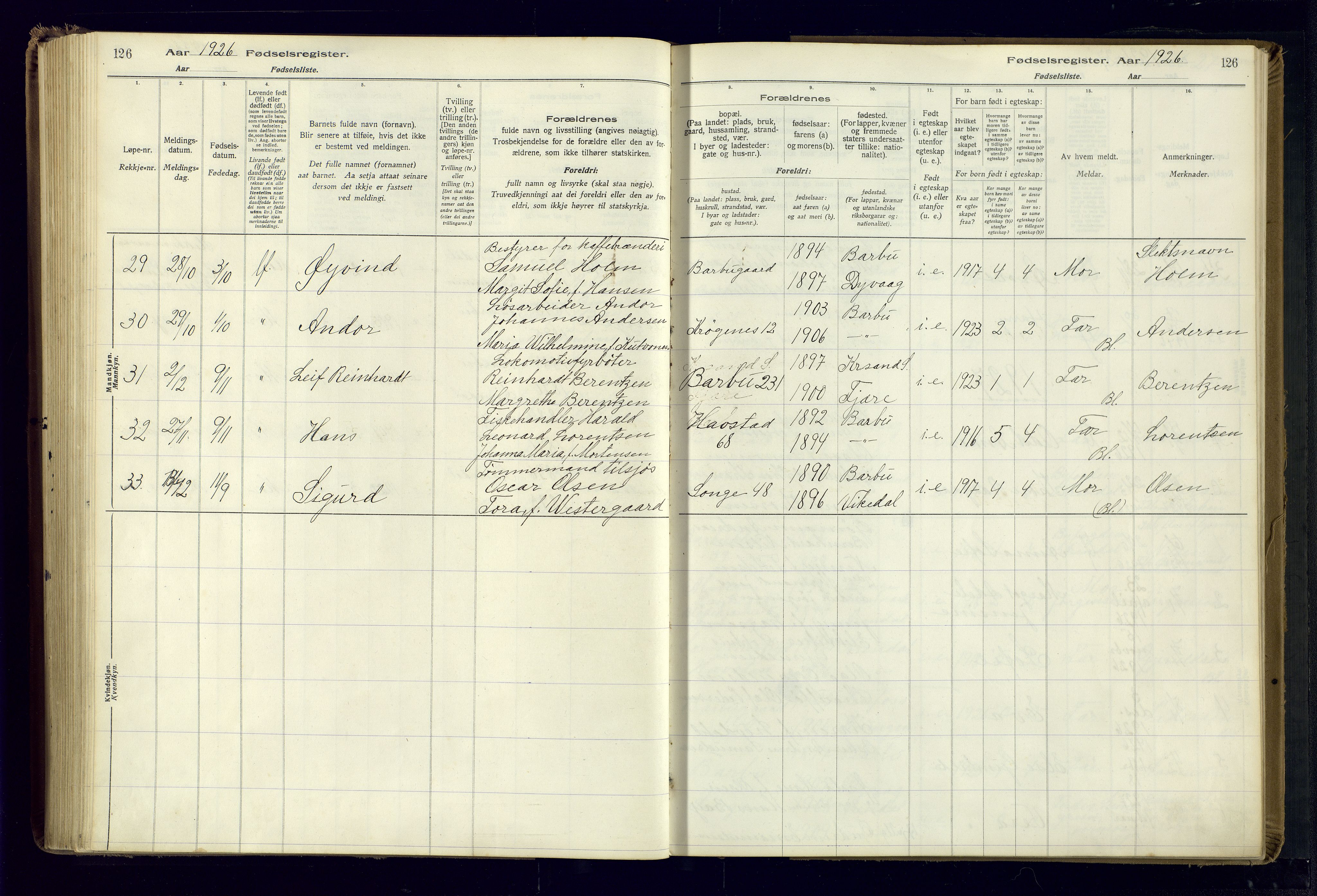 Barbu sokneprestkontor, AV/SAK-1111-0003/J/Ja/L0001: Fødselsregister nr. A-VIII-1, 1916-1937, s. 126