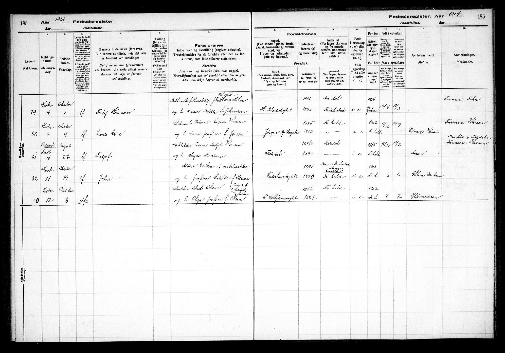 Halden prestekontor Kirkebøker, AV/SAO-A-10909/J/Ja/L0001: Fødselsregister nr. I 1, 1916-1925, s. 185