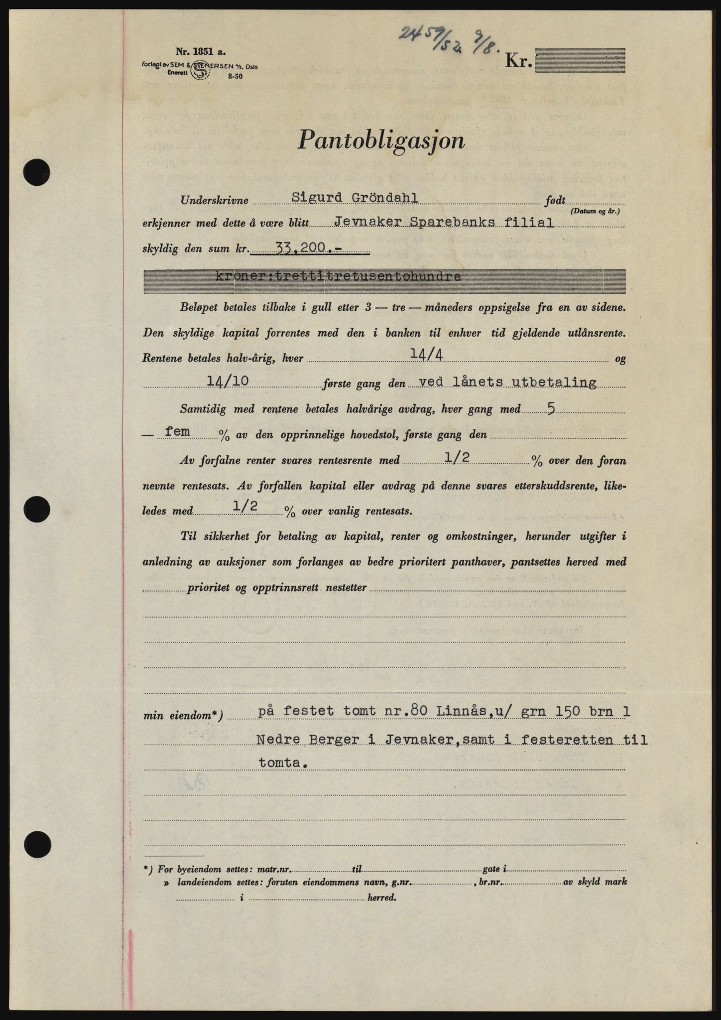 Hadeland og Land tingrett, SAH/TING-010/H/Hb/Hbc/L0024: Pantebok nr. B24, 1952-1952, Dagboknr: 2459/1952