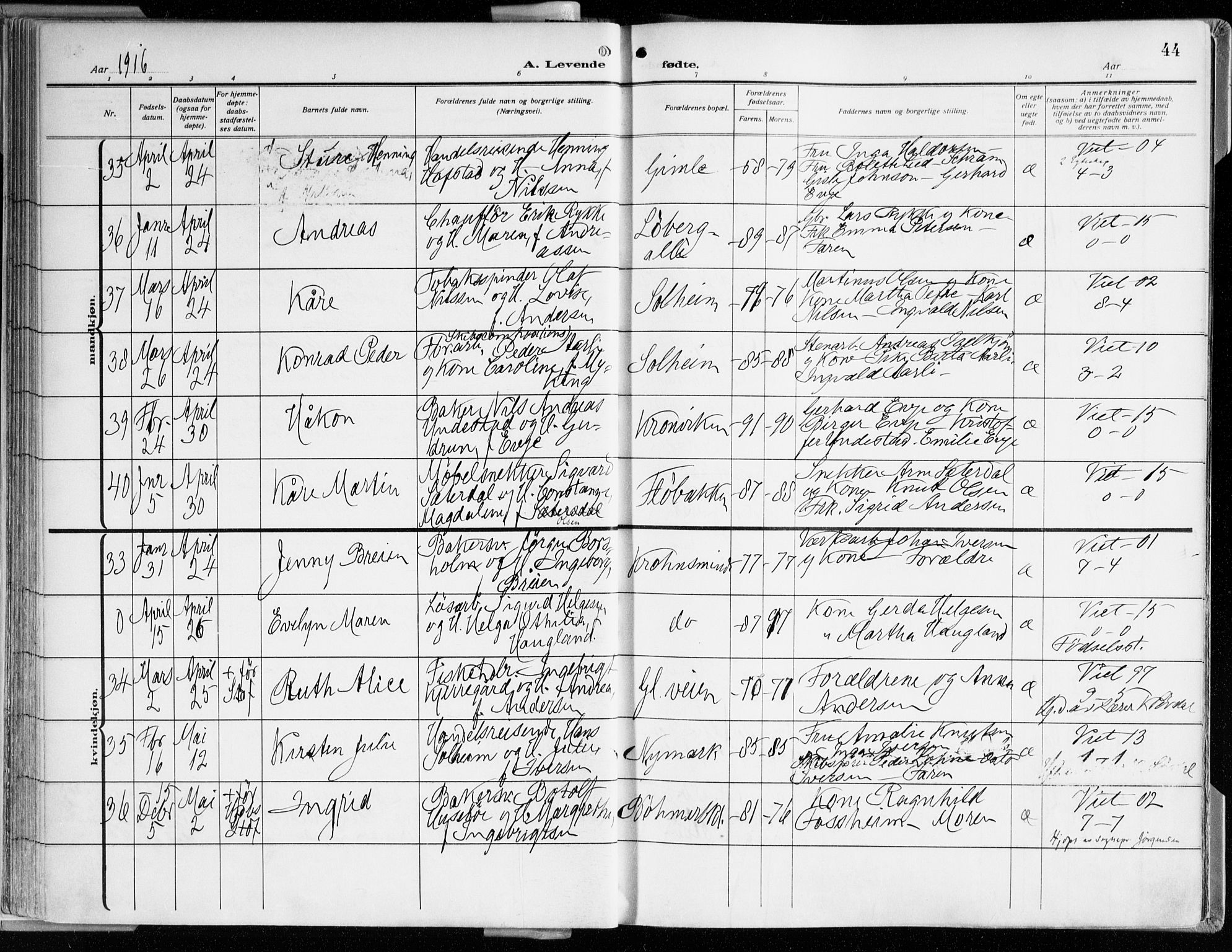 Årstad Sokneprestembete, AV/SAB-A-79301/H/Haa/L0003: Ministerialbok nr. A 3, 1914-1919, s. 44