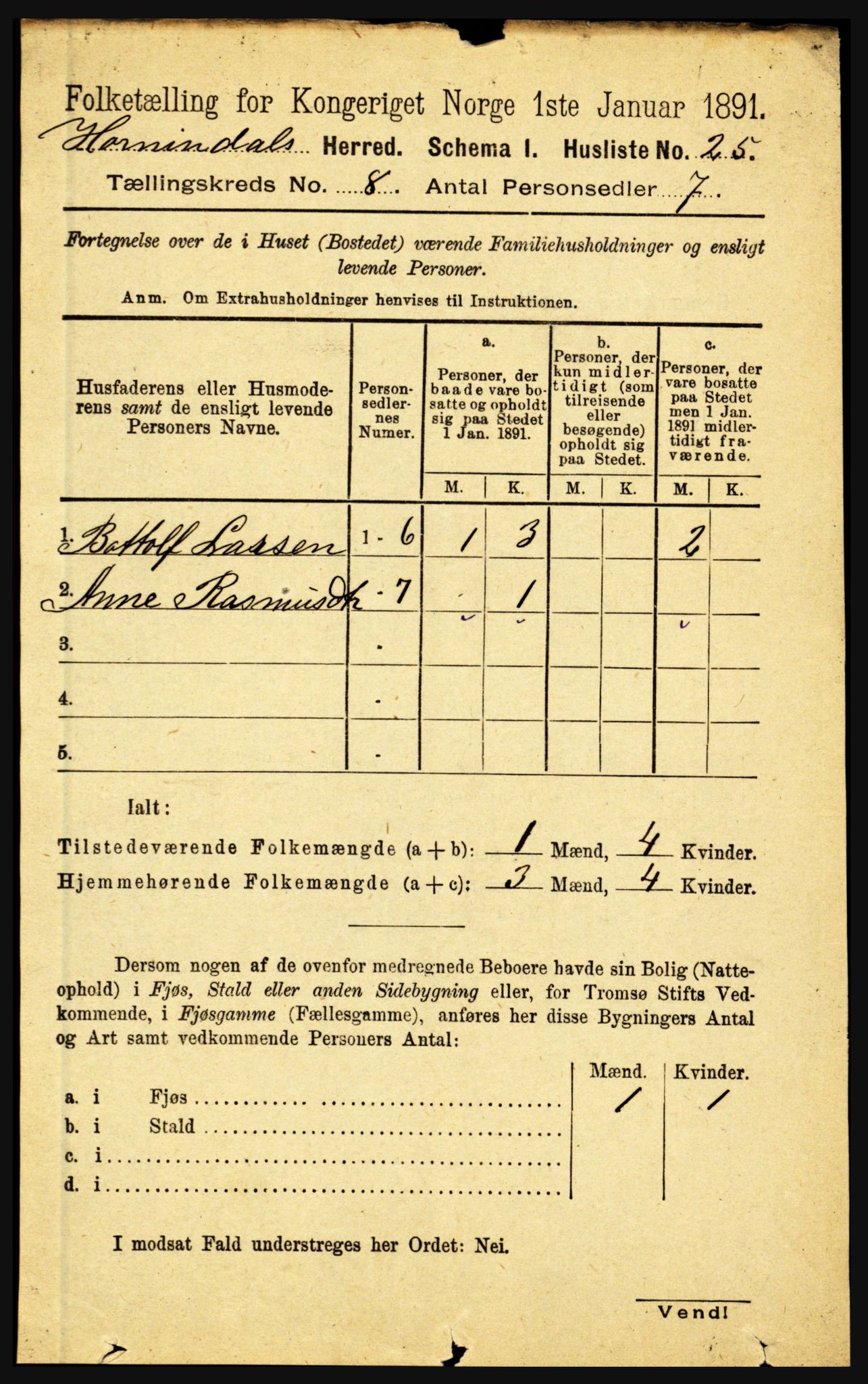 RA, Folketelling 1891 for 1444 Hornindal herred, 1891, s. 1891