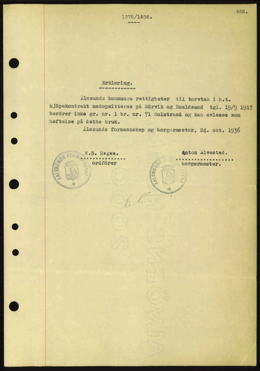 Nordre Sunnmøre sorenskriveri, SAT/A-0006/1/2/2C/2Ca: Pantebok nr. B1-6, 1938-1942, Dagboknr: 1378/1936