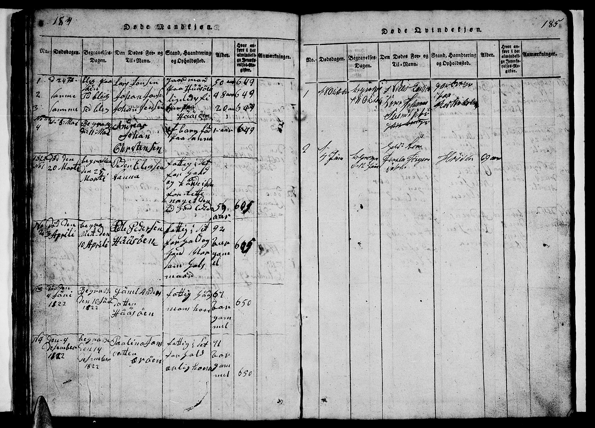 Ministerialprotokoller, klokkerbøker og fødselsregistre - Nordland, SAT/A-1459/840/L0581: Klokkerbok nr. 840C01, 1820-1873, s. 184-185