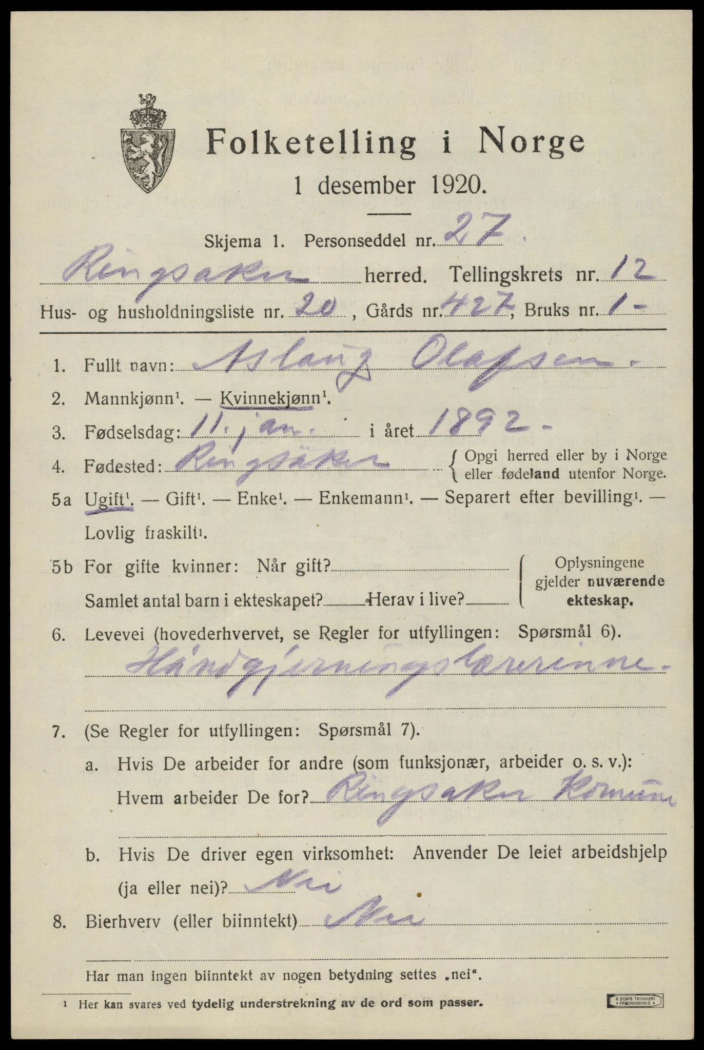 SAH, Folketelling 1920 for 0412 Ringsaker herred, 1920, s. 19674