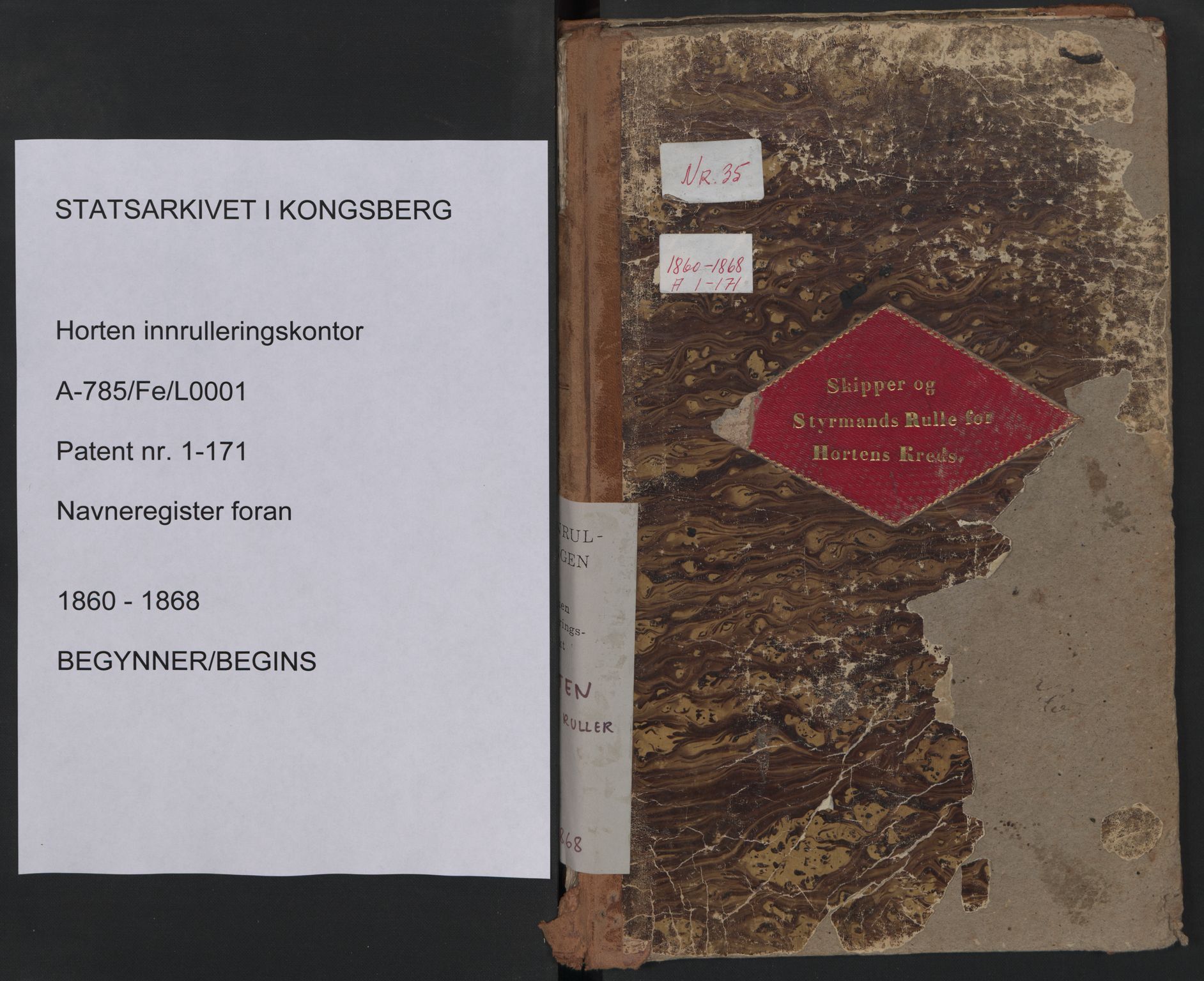 Horten innrulleringskontor, SAKO/A-785/F/Fe/L0001: Patent nr. 1-171, 1860-1868