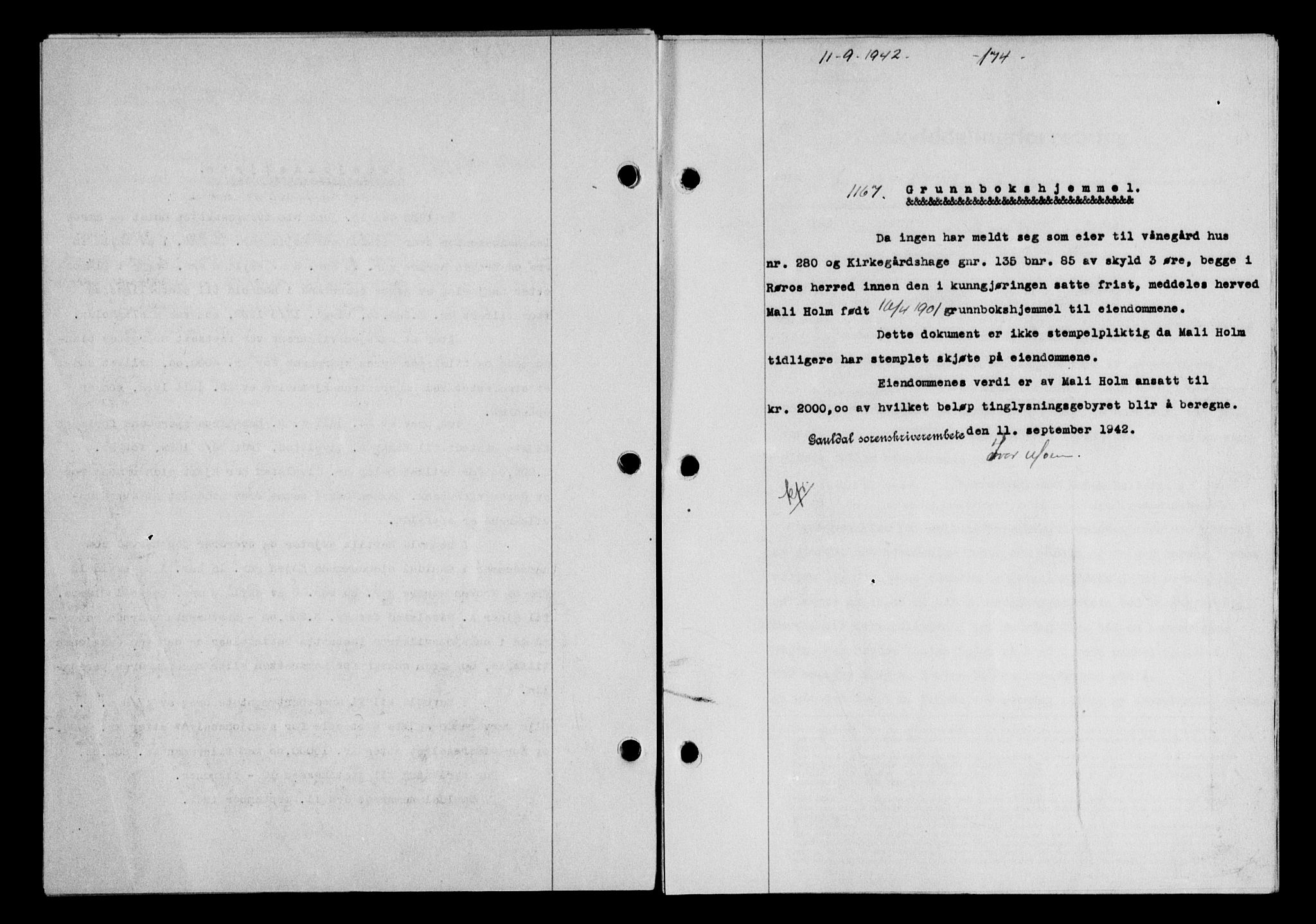 Gauldal sorenskriveri, SAT/A-0014/1/2/2C/L0055: Pantebok nr. 60, 1942-1942, Dagboknr: 1167/1942