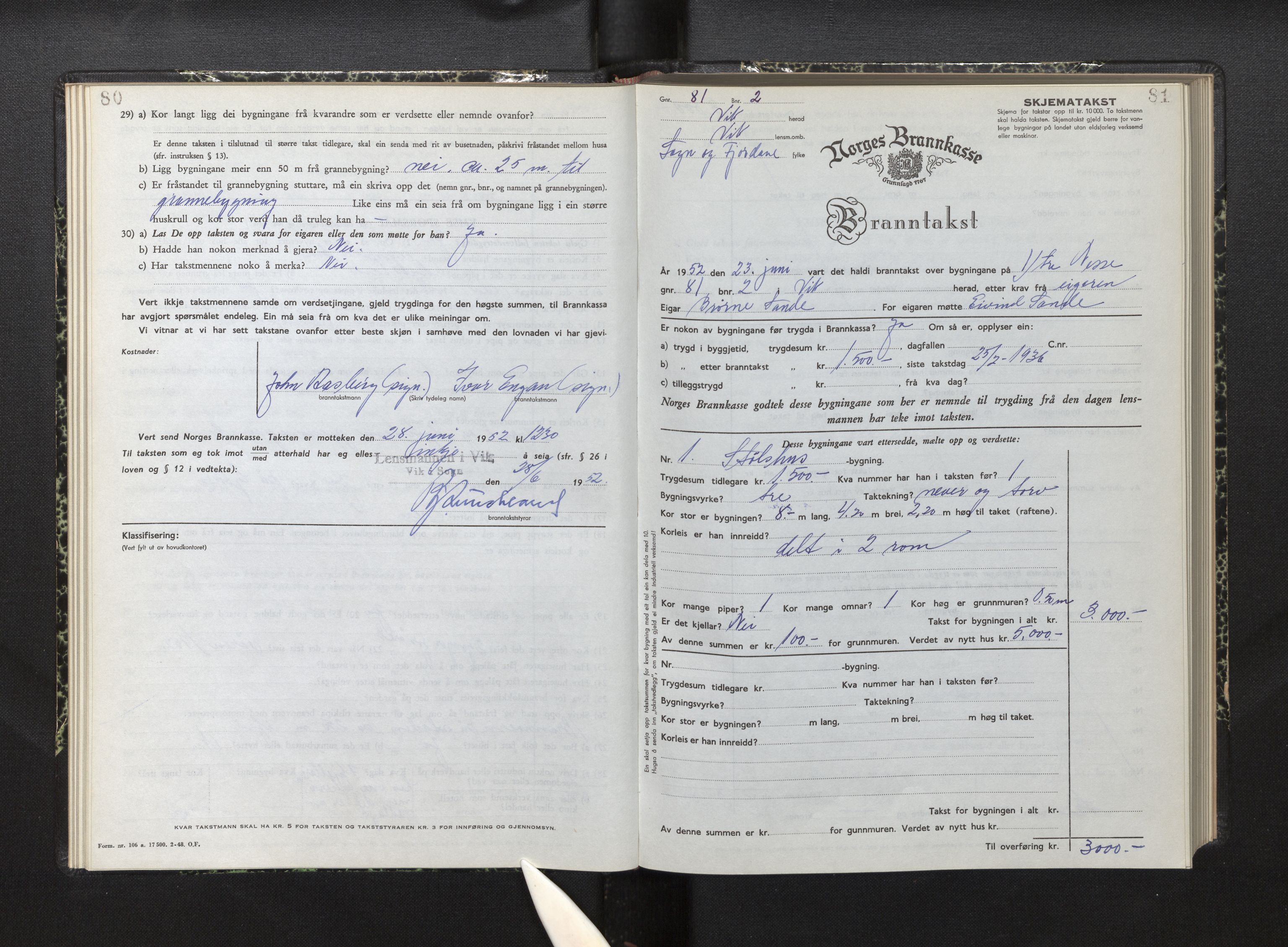Lensmannen i Vik, AV/SAB-A-30301/0012/L0007: Branntakstprotokoll, skjematakst, 1950-1955, s. 80-81