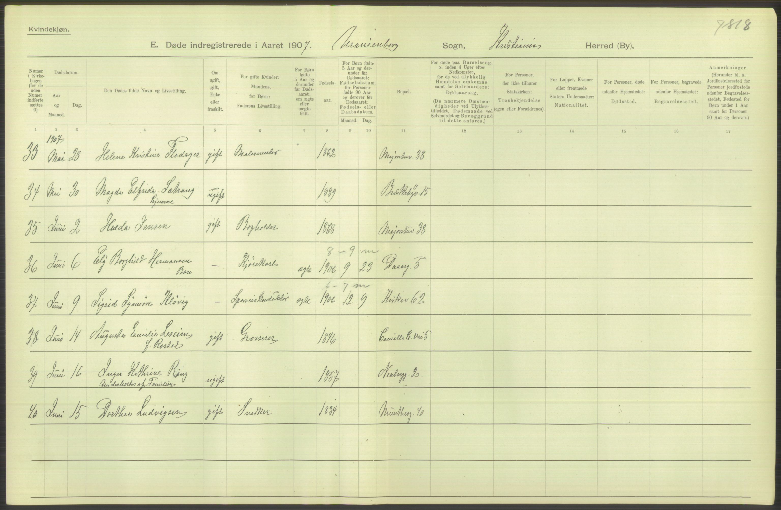 Statistisk sentralbyrå, Sosiodemografiske emner, Befolkning, AV/RA-S-2228/D/Df/Dfa/Dfae/L0009: Kristiania: Døde, 1907, s. 332