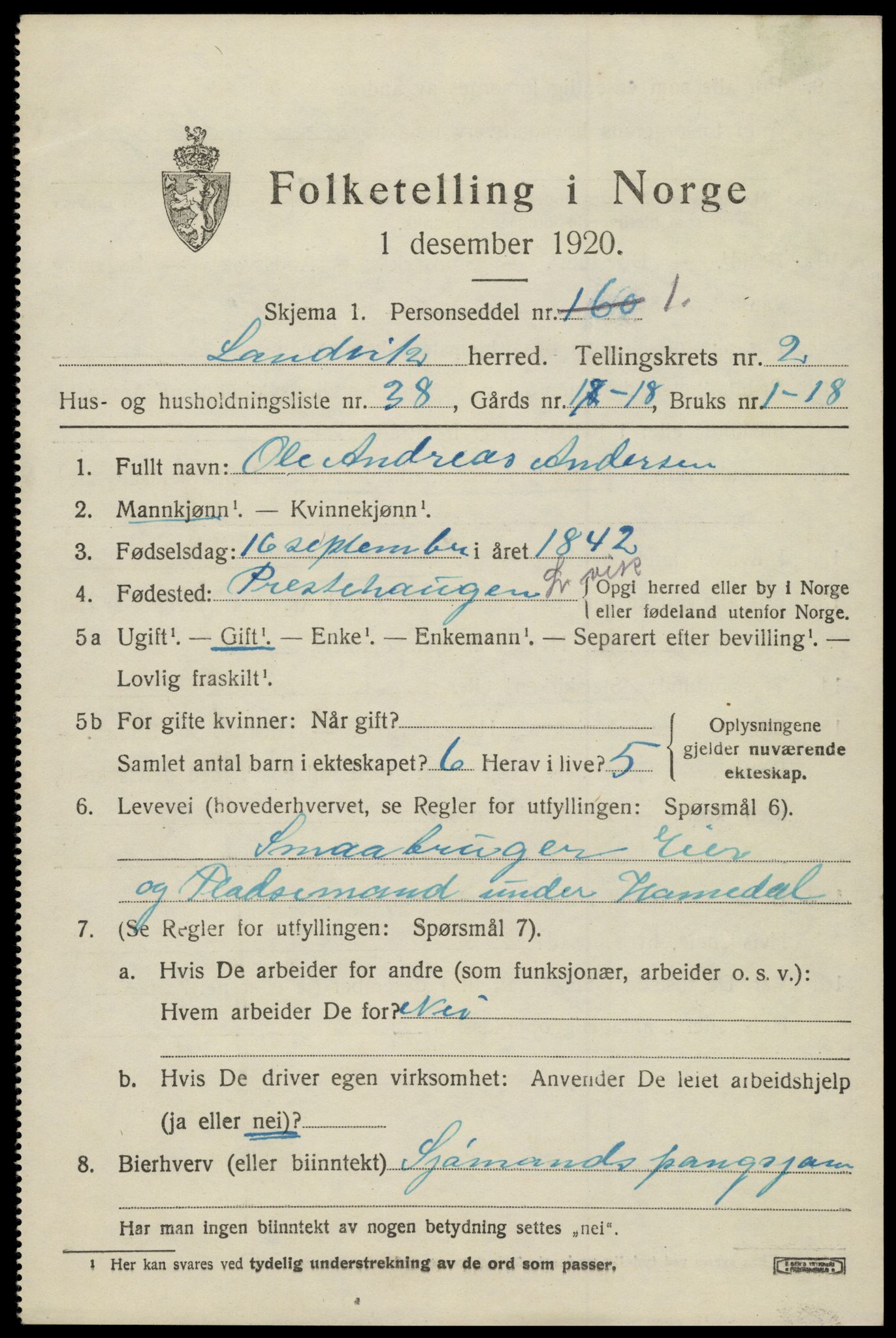 SAK, Folketelling 1920 for 0924 Landvik herred, 1920, s. 2086