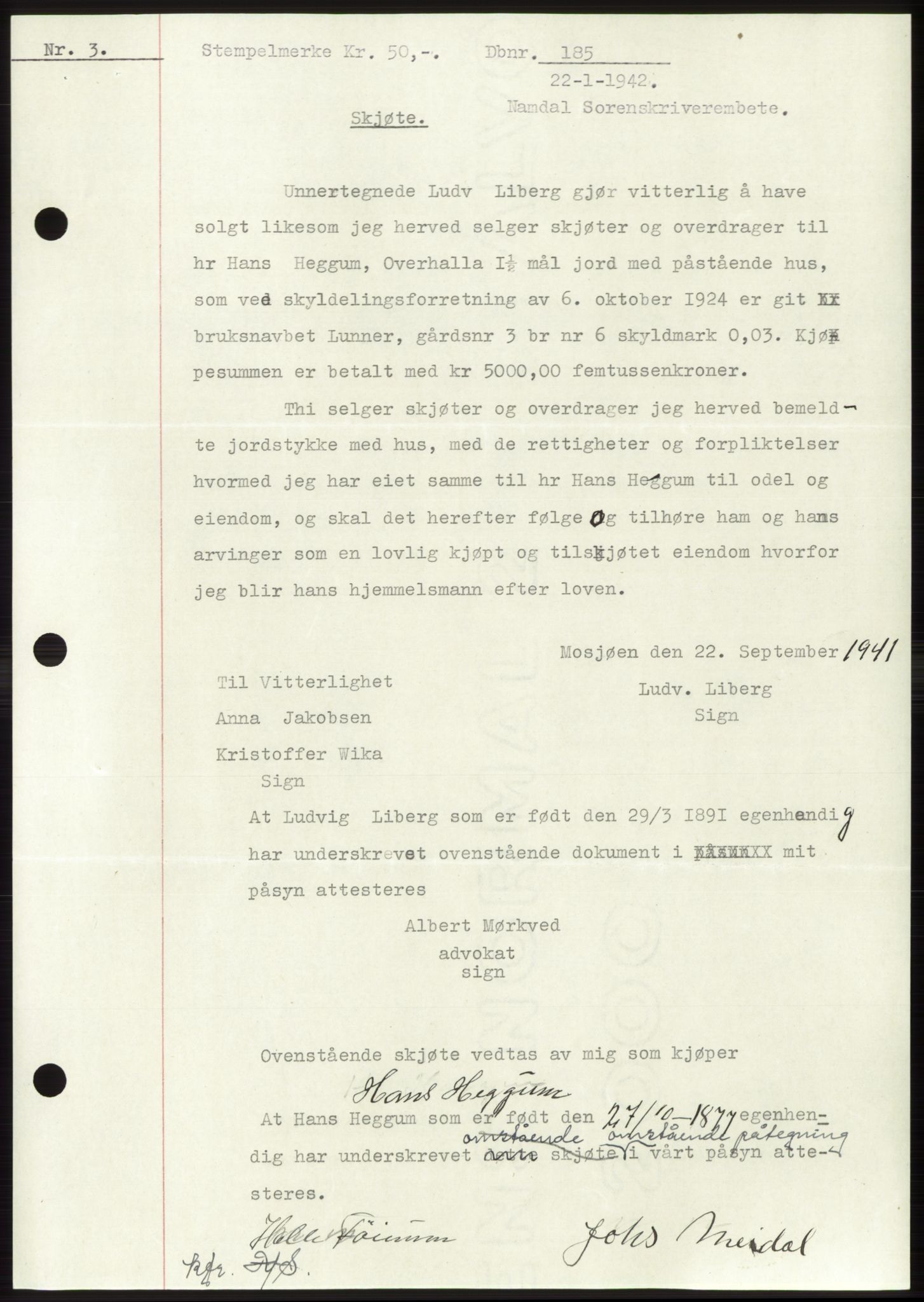 Namdal sorenskriveri, SAT/A-4133/1/2/2C: Pantebok nr. -, 1941-1942, Dagboknr: 185/1942