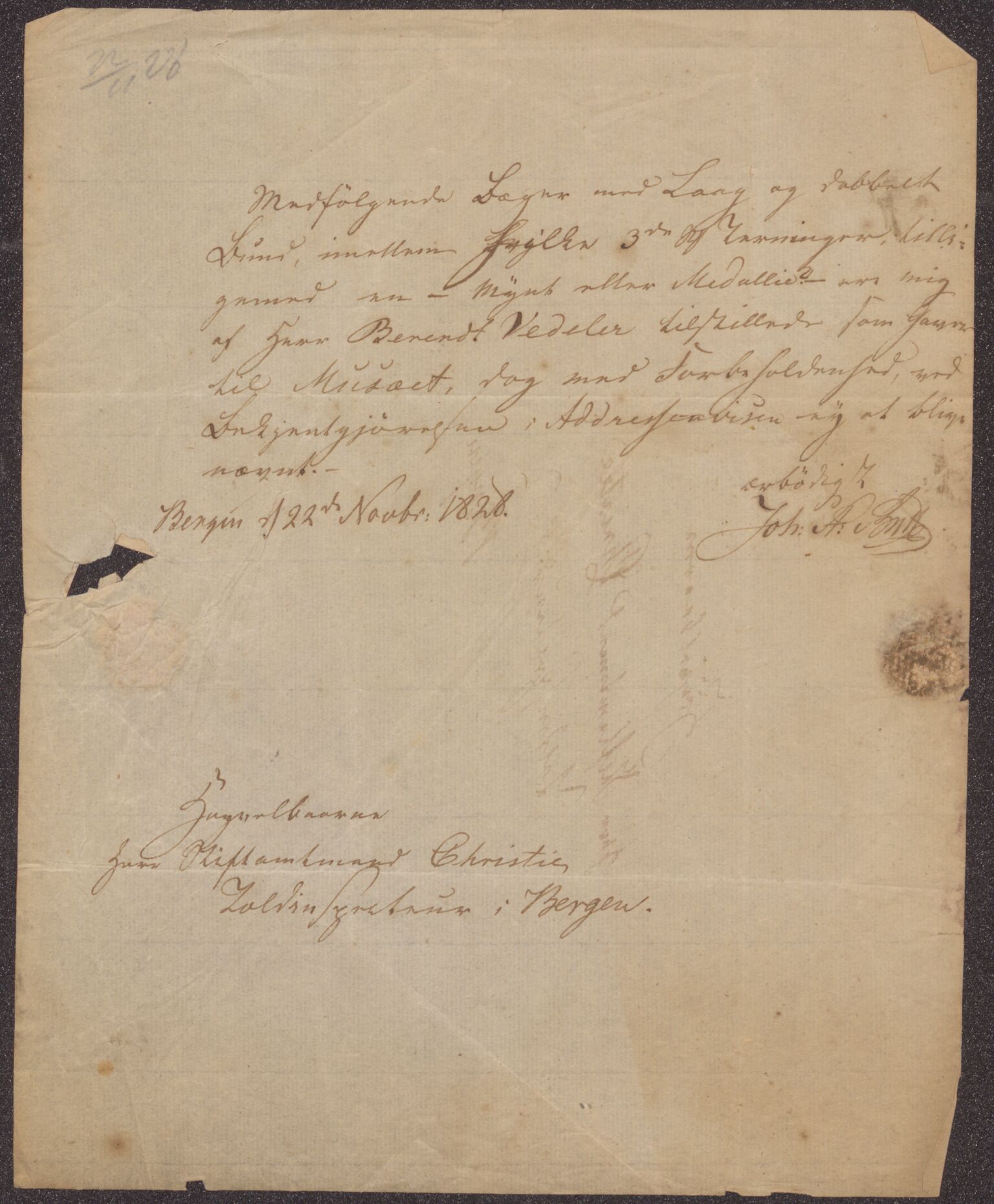 Bergens Museum. Direksjonen/ styret, UMB/A007/D/Da/L0003/0002: Innkommende brev 1828 / Innkommende brev 1828, 1828