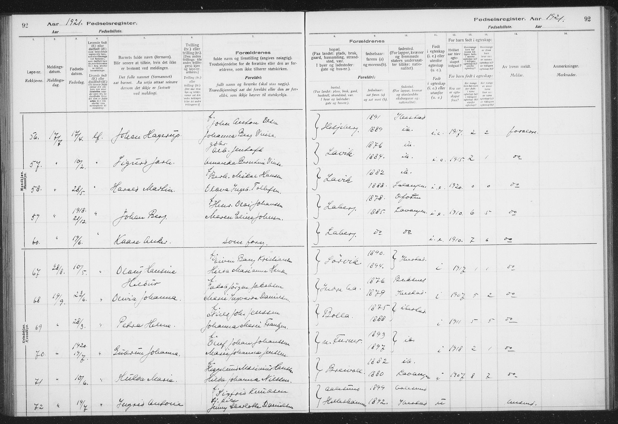 Ibestad sokneprestembete, AV/SATØ-S-0077/I/Ic/L0061: Fødselsregister nr. 61, 1917-1929, s. 92