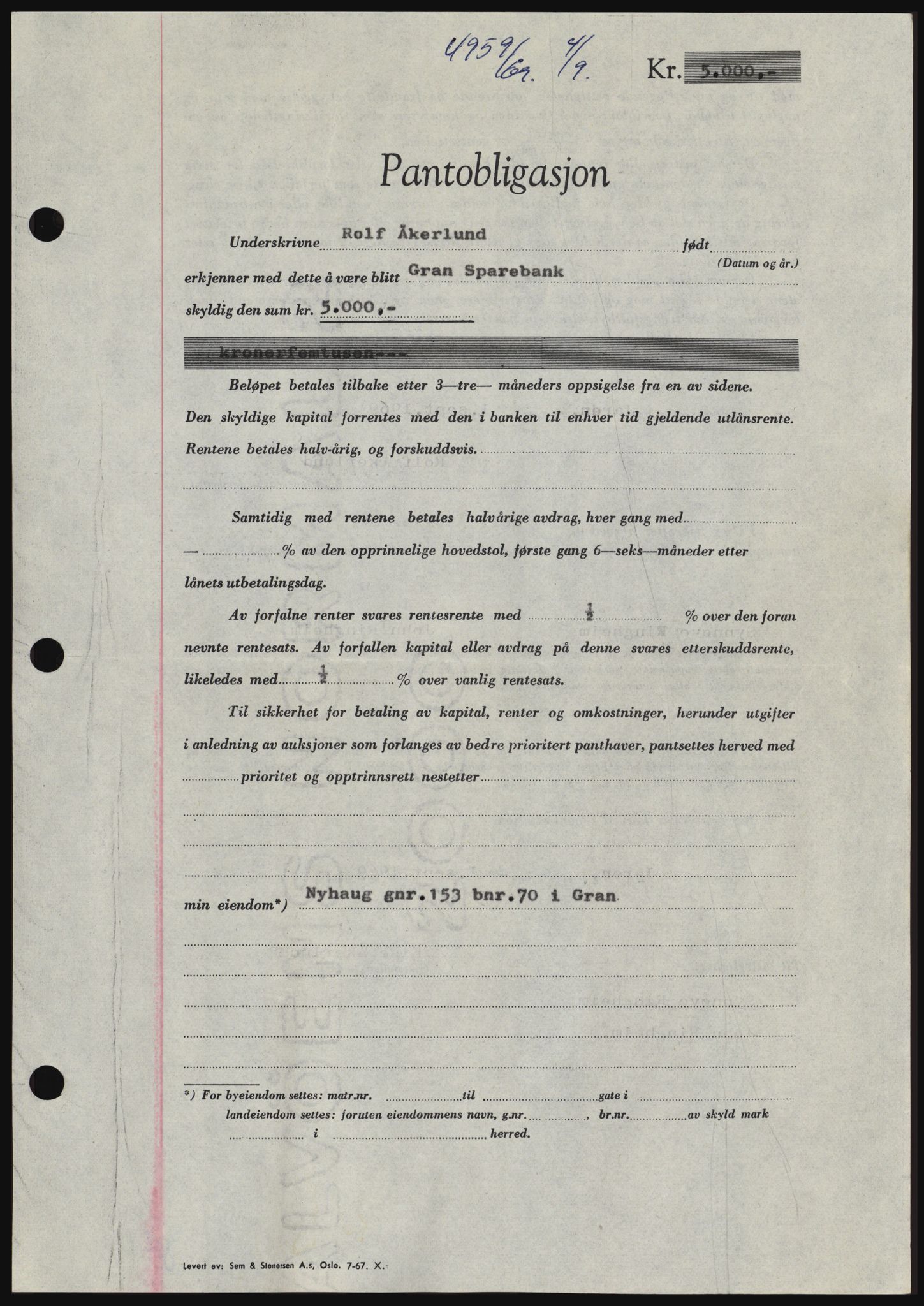 Hadeland og Land tingrett, SAH/TING-010/H/Hb/Hbc/L0074: Pantebok nr. B74, 1969-1969, Dagboknr: 4959/1969