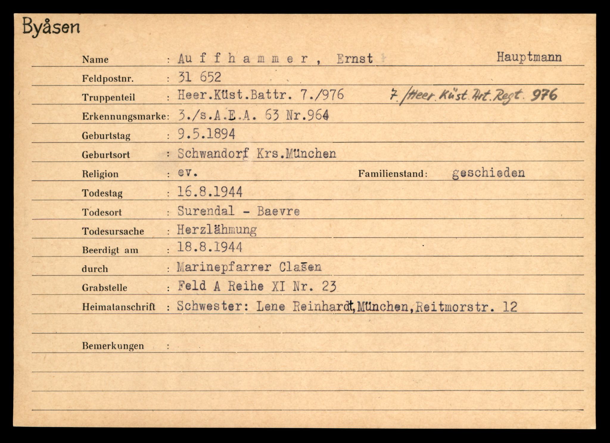 Distriktskontoret for krigsgraver, SAT/A-5030/E/L0004: Kasett/kartotek over tysk Krigskirkegård på Byåsen, 1945, s. 35