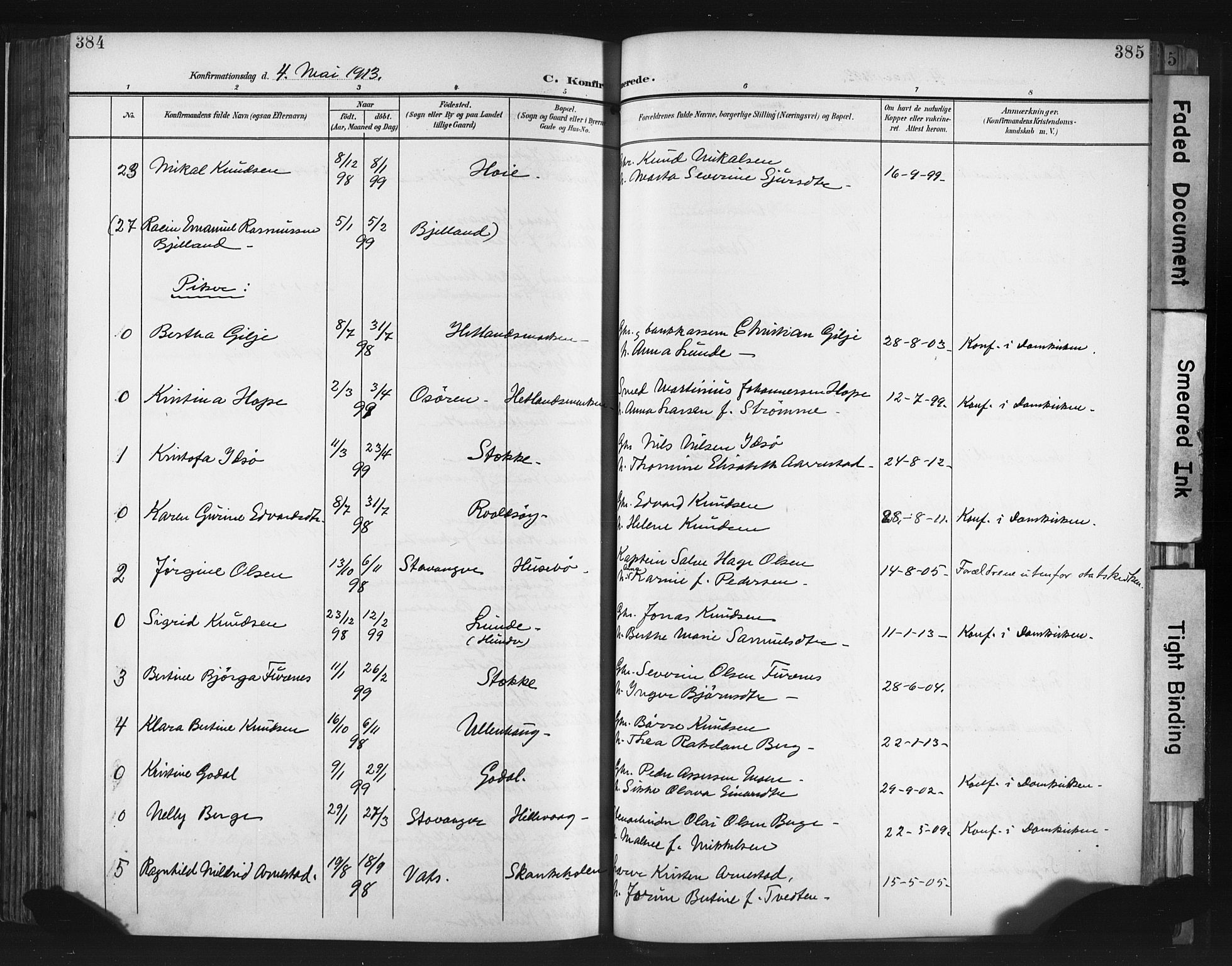 Hetland sokneprestkontor, AV/SAST-A-101826/30/30BA/L0013: Ministerialbok nr. A 13, 1904-1918, s. 384-385