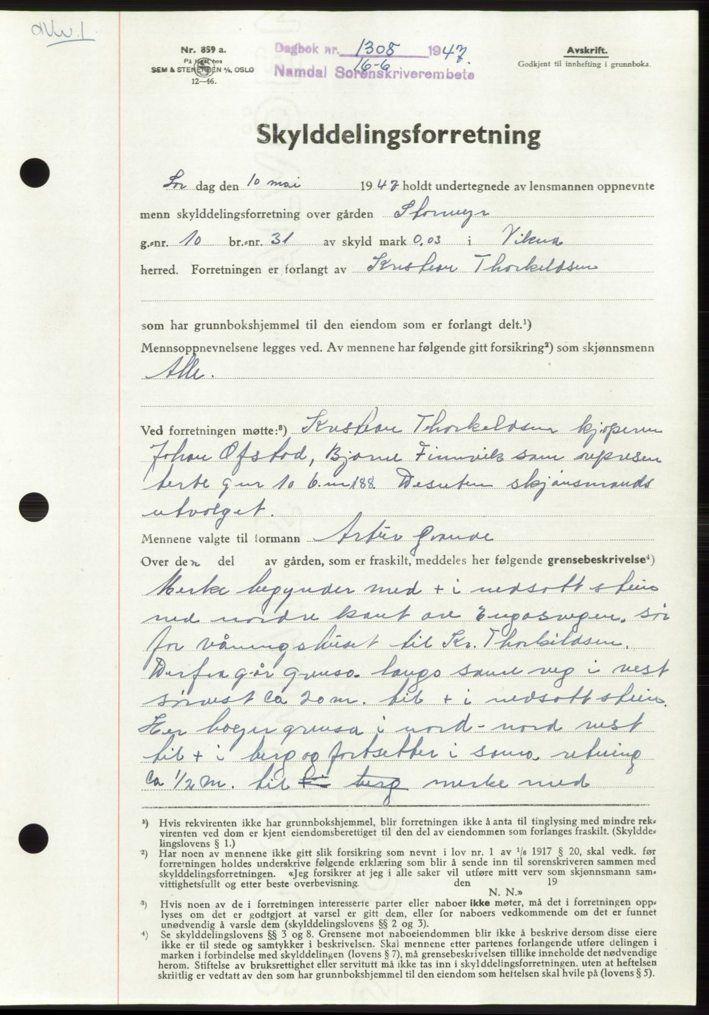 Namdal sorenskriveri, SAT/A-4133/1/2/2C: Pantebok nr. -, 1947-1947, Dagboknr: 1308/1947