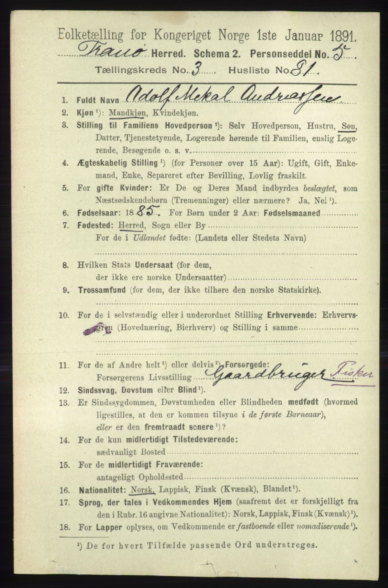 RA, Folketelling 1891 for 1927 Tranøy herred, 1891, s. 1380