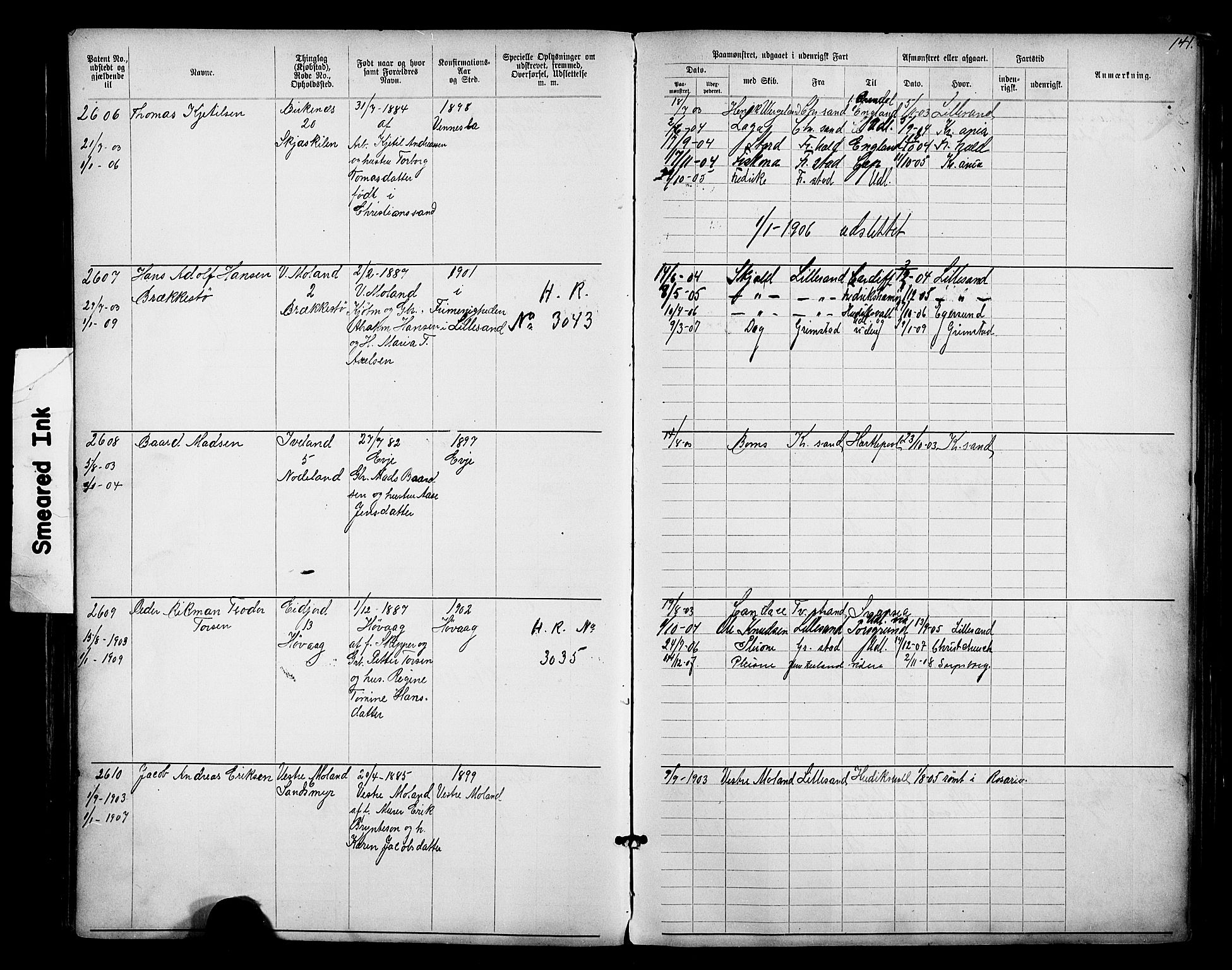 Lillesand mønstringskrets, AV/SAK-2031-0014/F/Fa/L0003: Annotasjonsrulle nr 1911-3489 med register, W-9, 1891-1932, s. 170