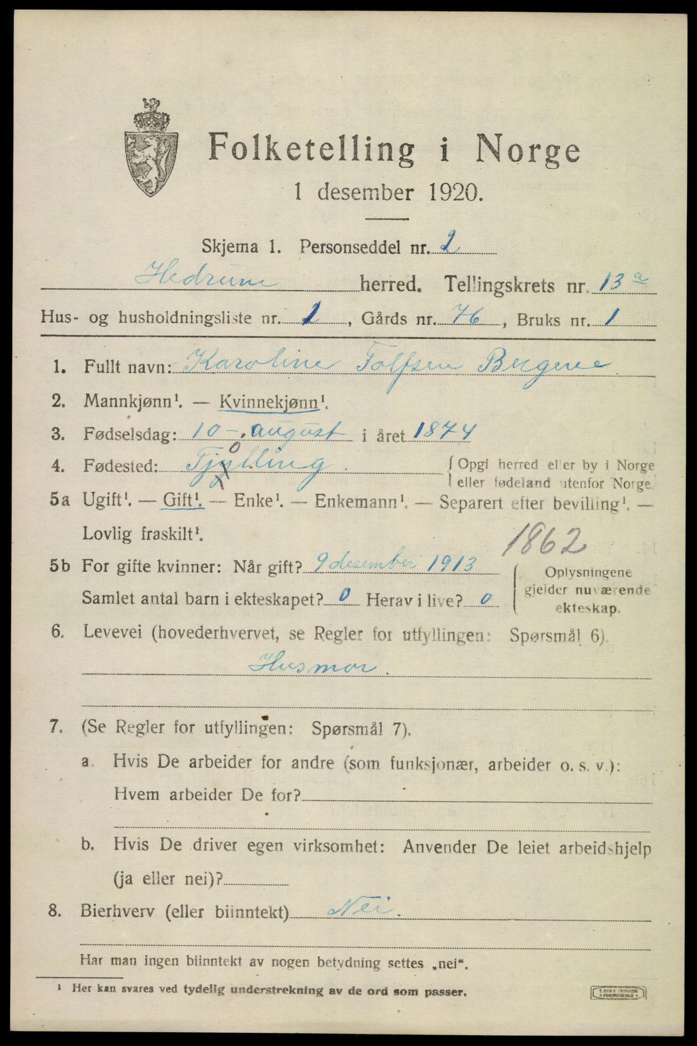 SAKO, Folketelling 1920 for 0727 Hedrum herred, 1920, s. 8591