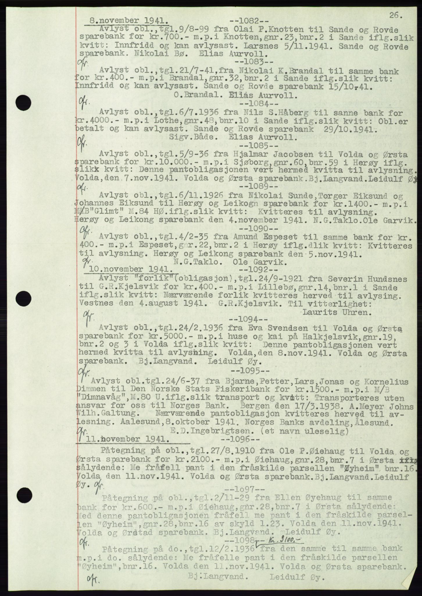 Søre Sunnmøre sorenskriveri, AV/SAT-A-4122/1/2/2C/L0072: Pantebok nr. 66, 1941-1955, Dagboknr: 1082/1941