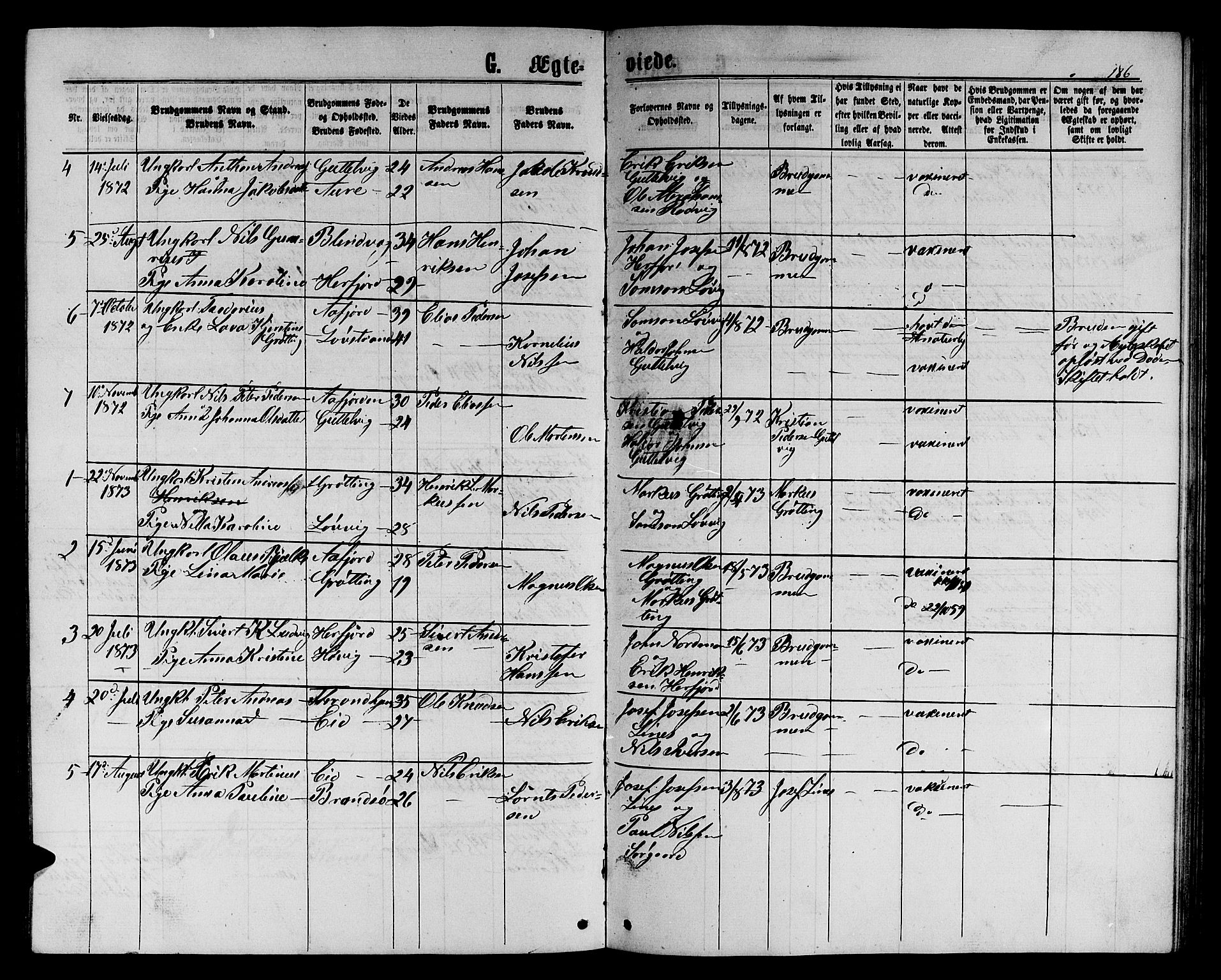 Ministerialprotokoller, klokkerbøker og fødselsregistre - Sør-Trøndelag, SAT/A-1456/656/L0695: Klokkerbok nr. 656C01, 1867-1889, s. 186