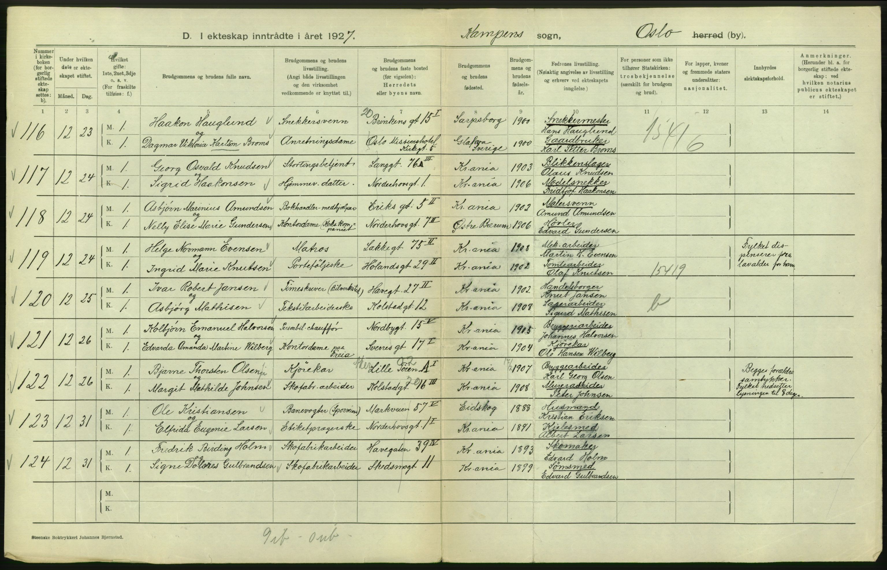 Statistisk sentralbyrå, Sosiodemografiske emner, Befolkning, RA/S-2228/D/Df/Dfc/Dfcg/L0008: Oslo: Gifte, 1927, s. 606