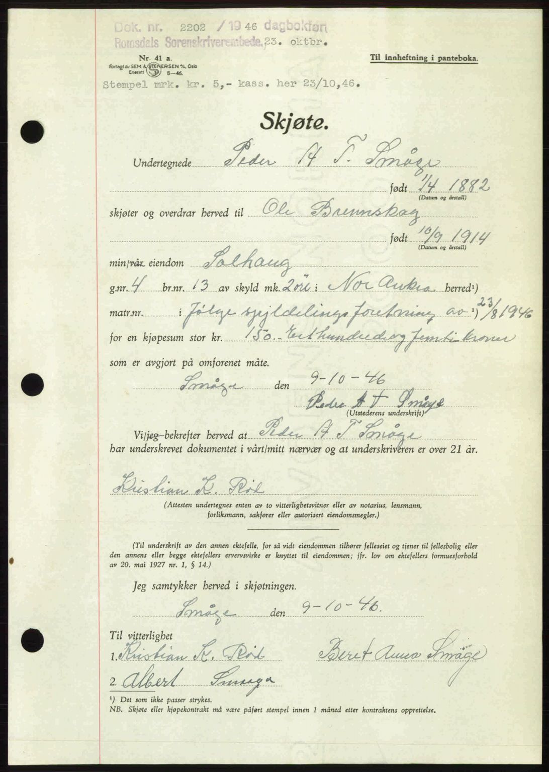 Romsdal sorenskriveri, AV/SAT-A-4149/1/2/2C: Pantebok nr. A21, 1946-1946, Dagboknr: 2202/1946