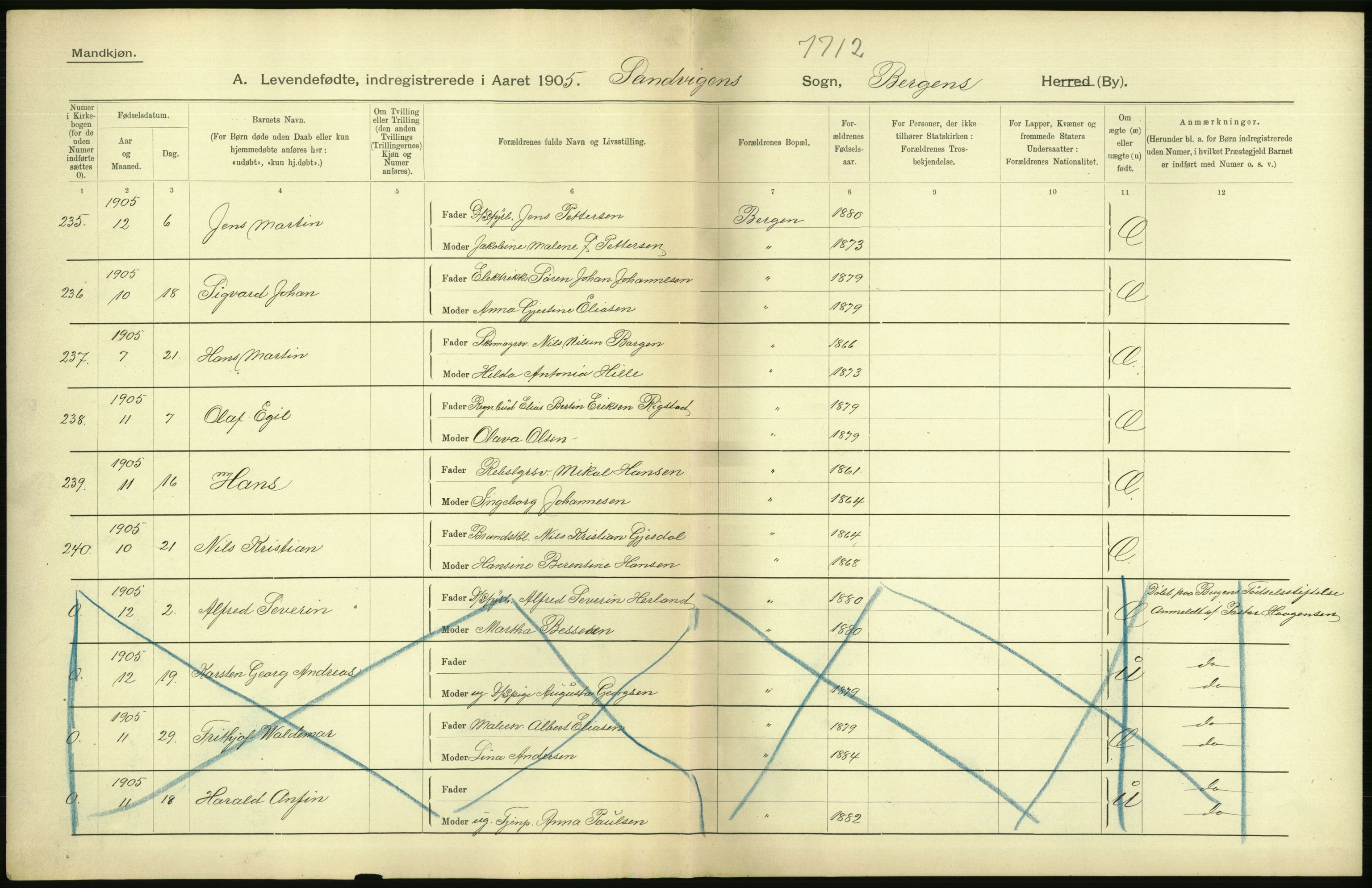 Statistisk sentralbyrå, Sosiodemografiske emner, Befolkning, AV/RA-S-2228/D/Df/Dfa/Dfac/L0026: Bergen: Fødte, 1905, s. 248