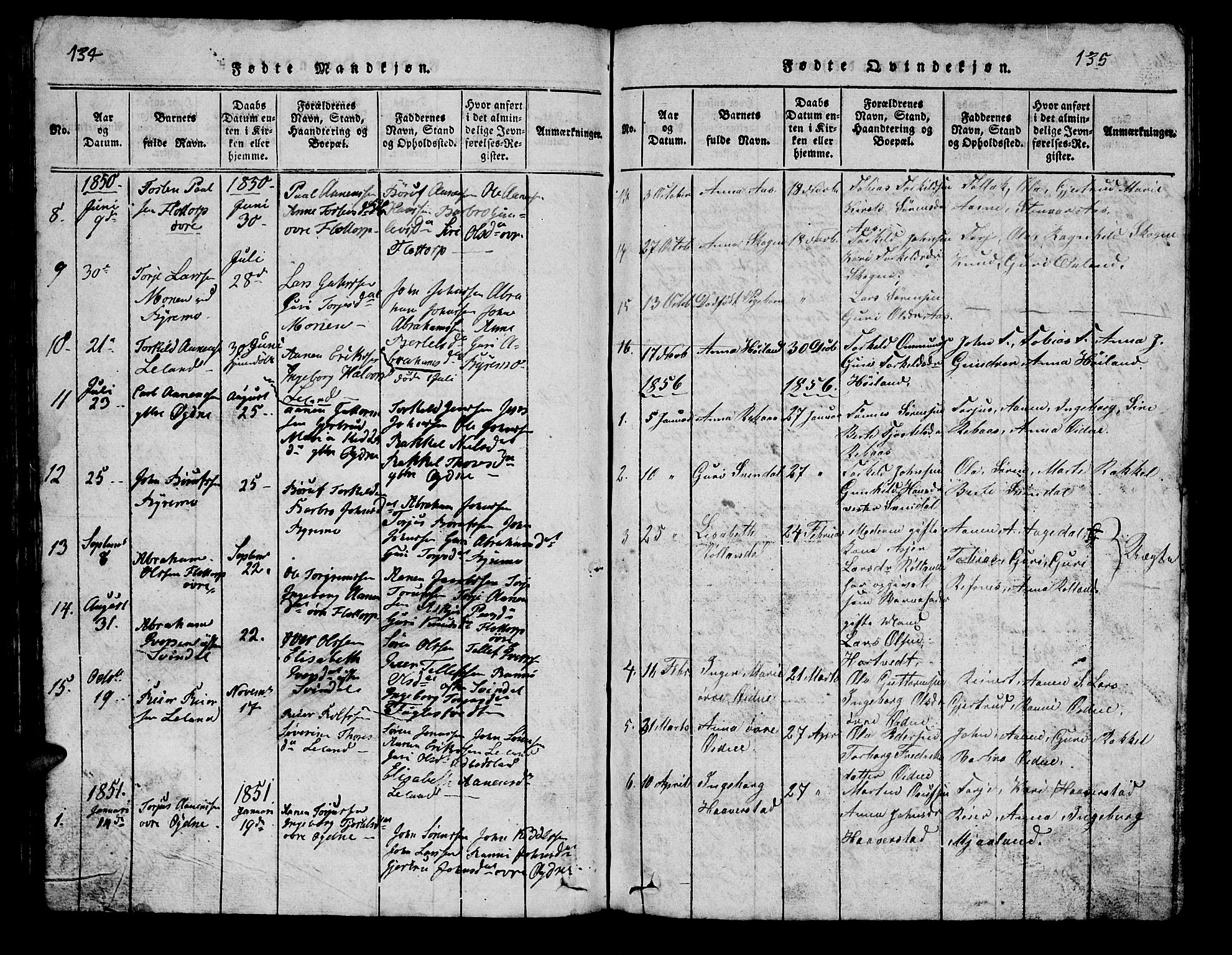 Bjelland sokneprestkontor, SAK/1111-0005/F/Fb/Fbc/L0001: Klokkerbok nr. B 1, 1815-1870, s. 134-135