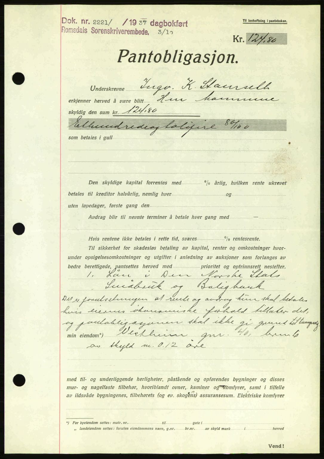 Romsdal sorenskriveri, SAT/A-4149/1/2/2C: Pantebok nr. B1, 1936-1939, Dagboknr: 2221/1937