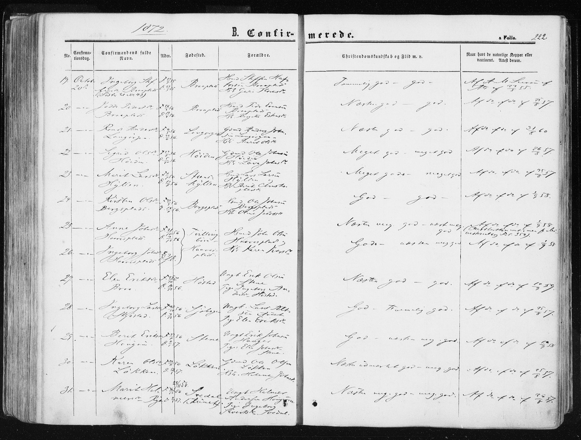 Ministerialprotokoller, klokkerbøker og fødselsregistre - Sør-Trøndelag, SAT/A-1456/612/L0377: Ministerialbok nr. 612A09, 1859-1877, s. 222