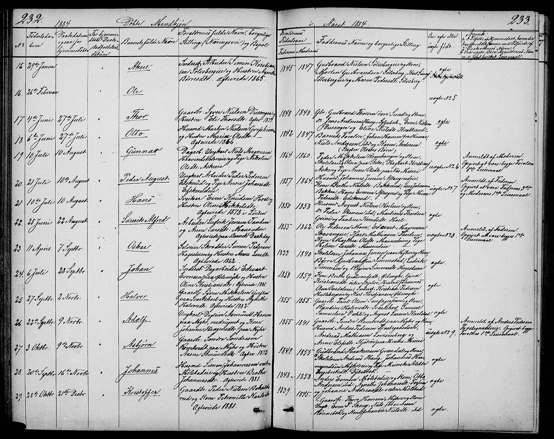 Nes prestekontor, Hedmark, AV/SAH-PREST-020/L/La/L0005: Klokkerbok nr. 5, 1852-1889, s. 232-233