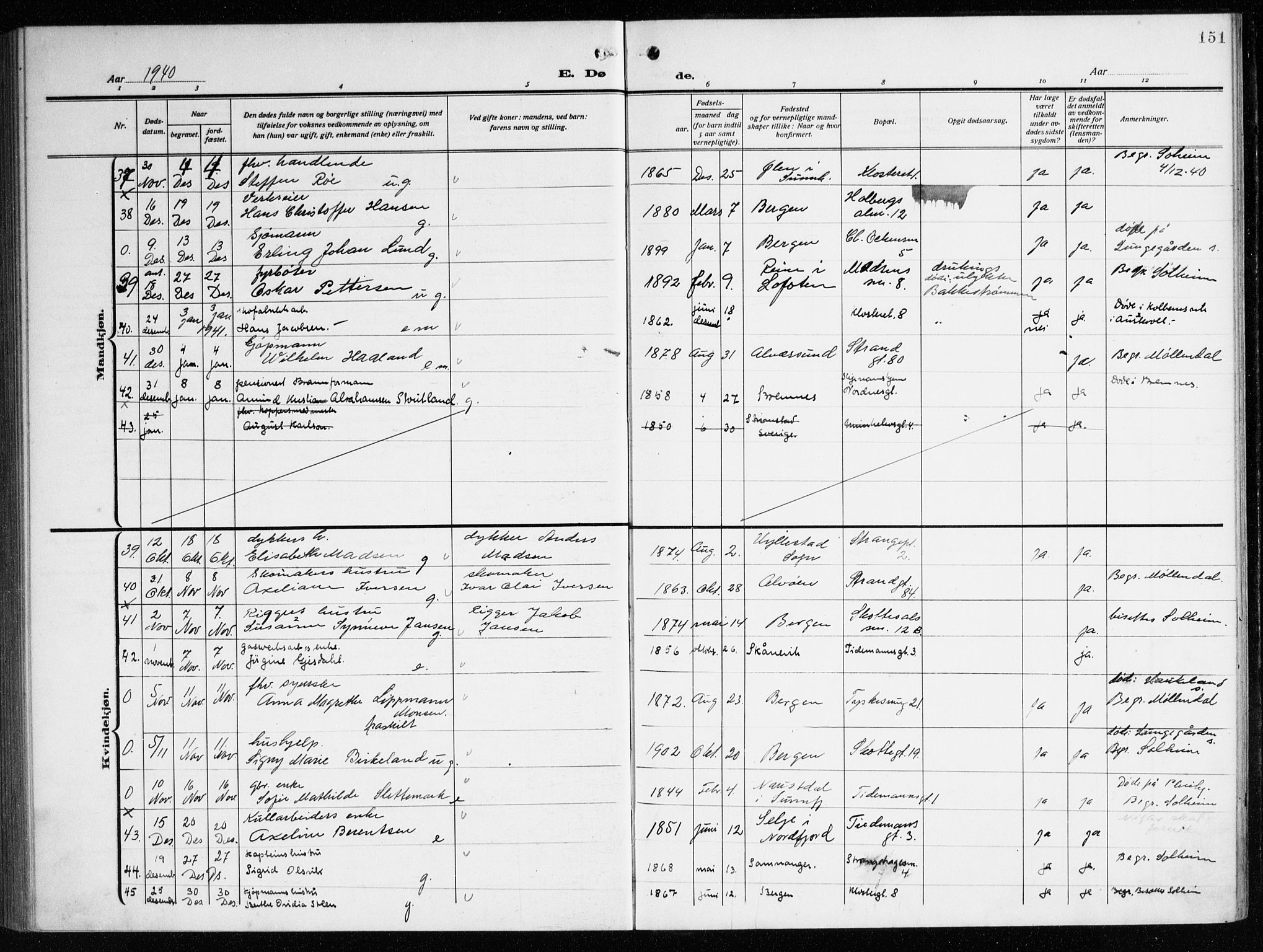 Nykirken Sokneprestembete, AV/SAB-A-77101/H/Haa/L0046: Ministerialbok nr. E 6, 1918-1944, s. 151