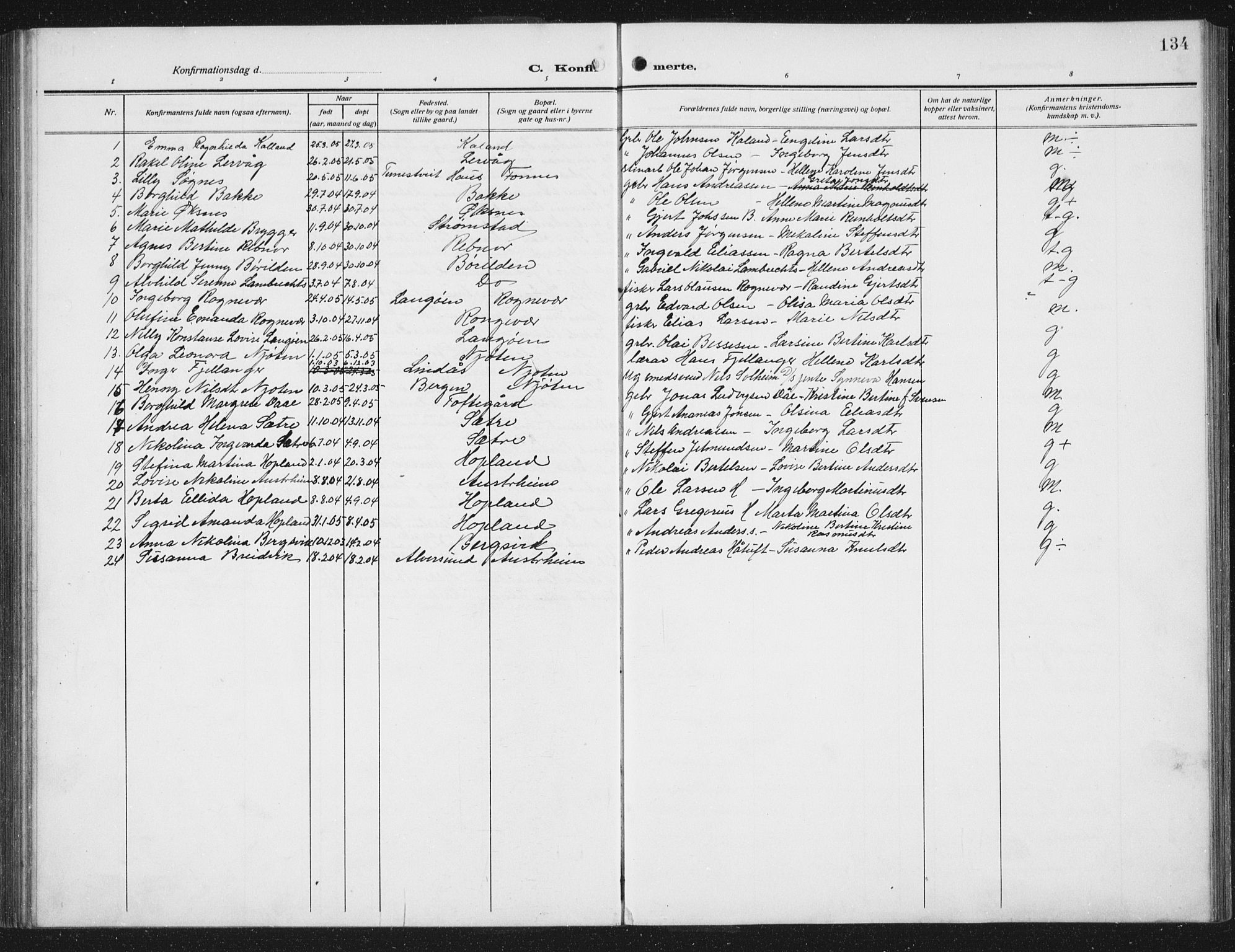 Lindås Sokneprestembete, AV/SAB-A-76701/H/Hab/Habc/L0005: Klokkerbok nr. C 5, 1910-1927, s. 134