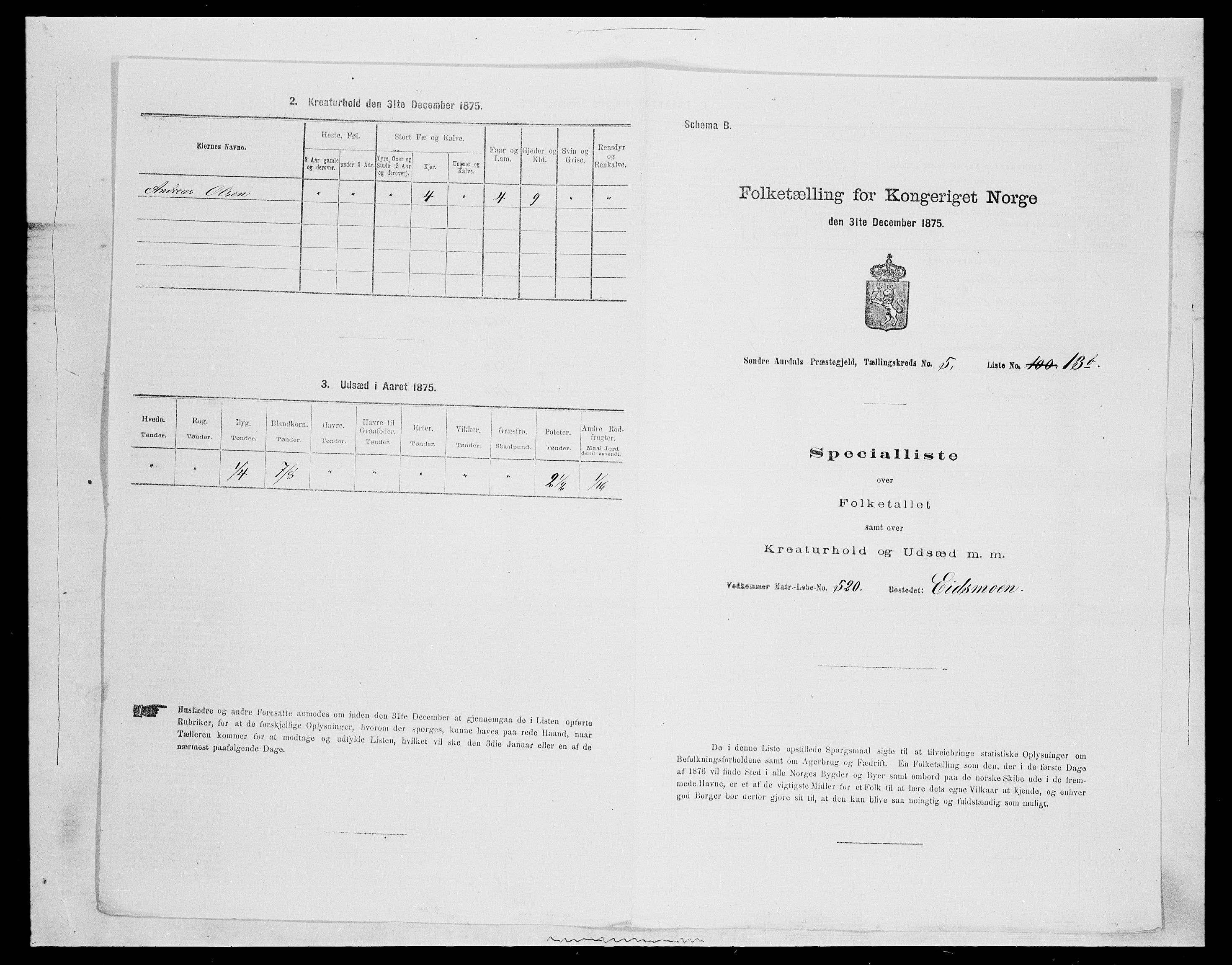 SAH, Folketelling 1875 for 0540P Sør-Aurdal prestegjeld, 1875, s. 943