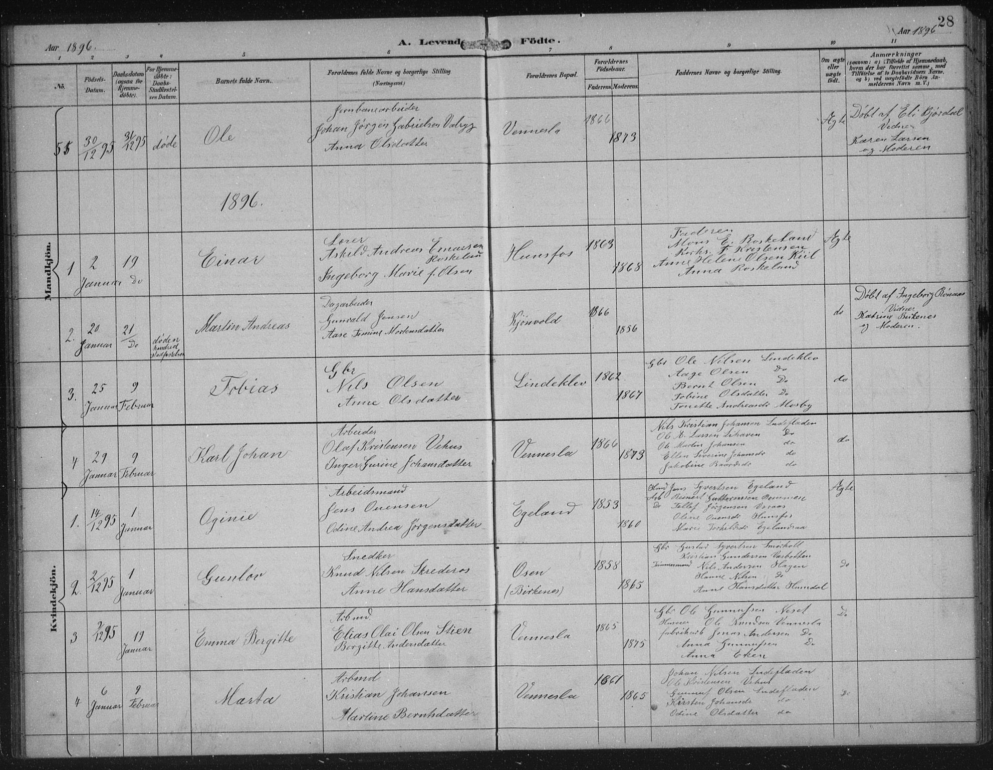 Vennesla sokneprestkontor, SAK/1111-0045/Fb/Fbb/L0004: Klokkerbok nr. B 4, 1893-1902, s. 28