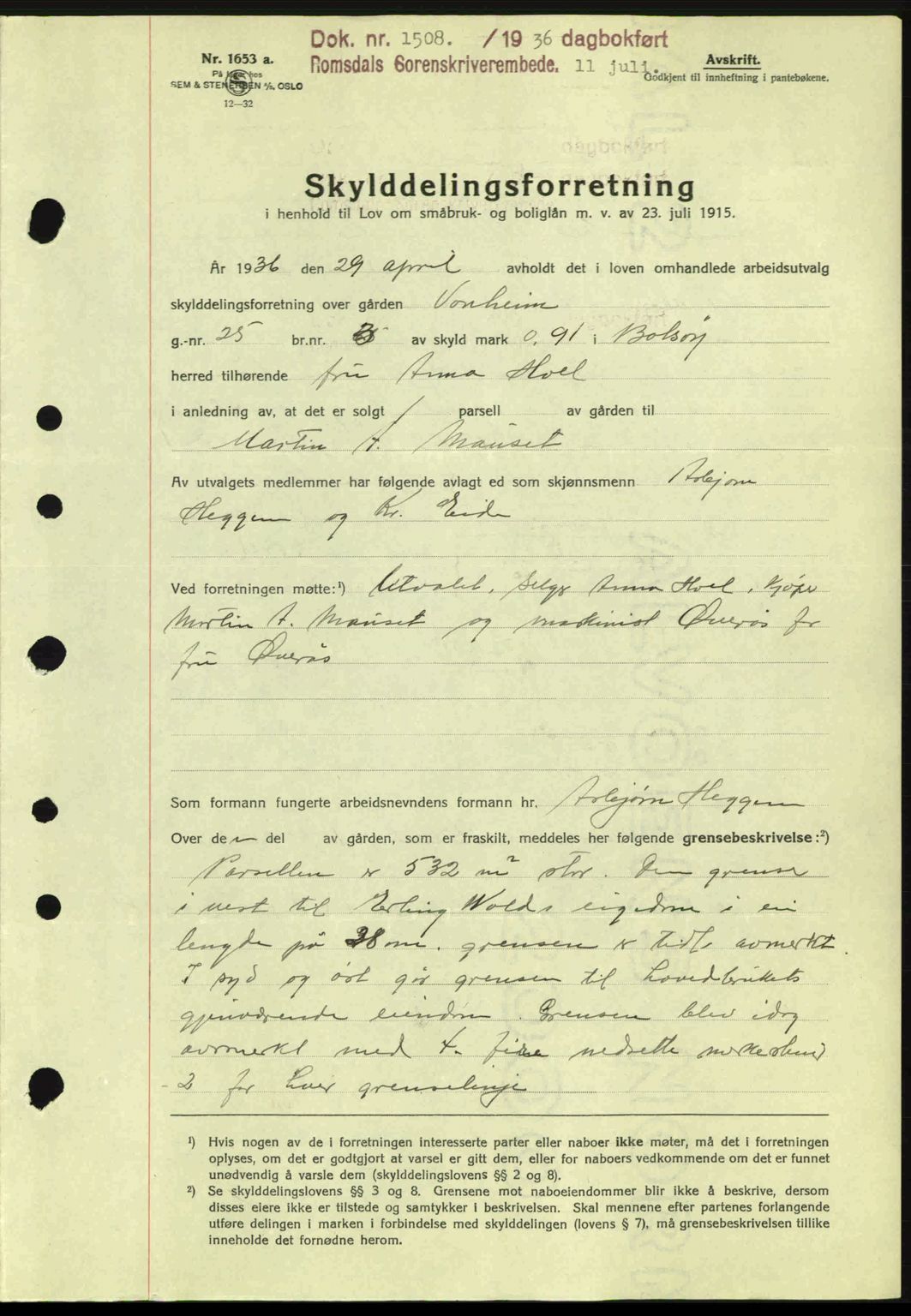 Romsdal sorenskriveri, SAT/A-4149/1/2/2C: Pantebok nr. A1, 1936-1936, Dagboknr: 1508/1936
